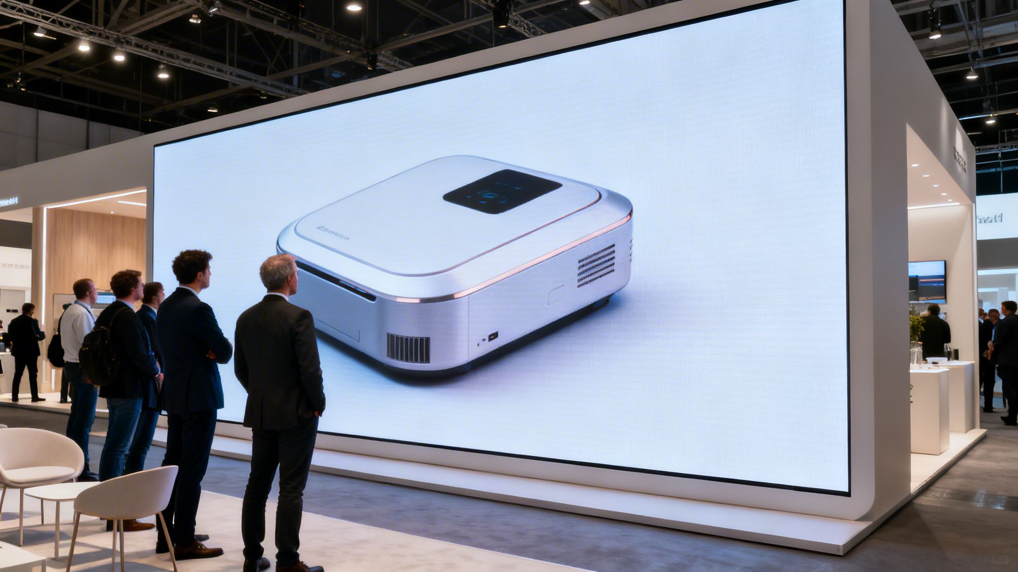 Men in suits viewing a large digital display featuring a modern white electronic device at a trade show.