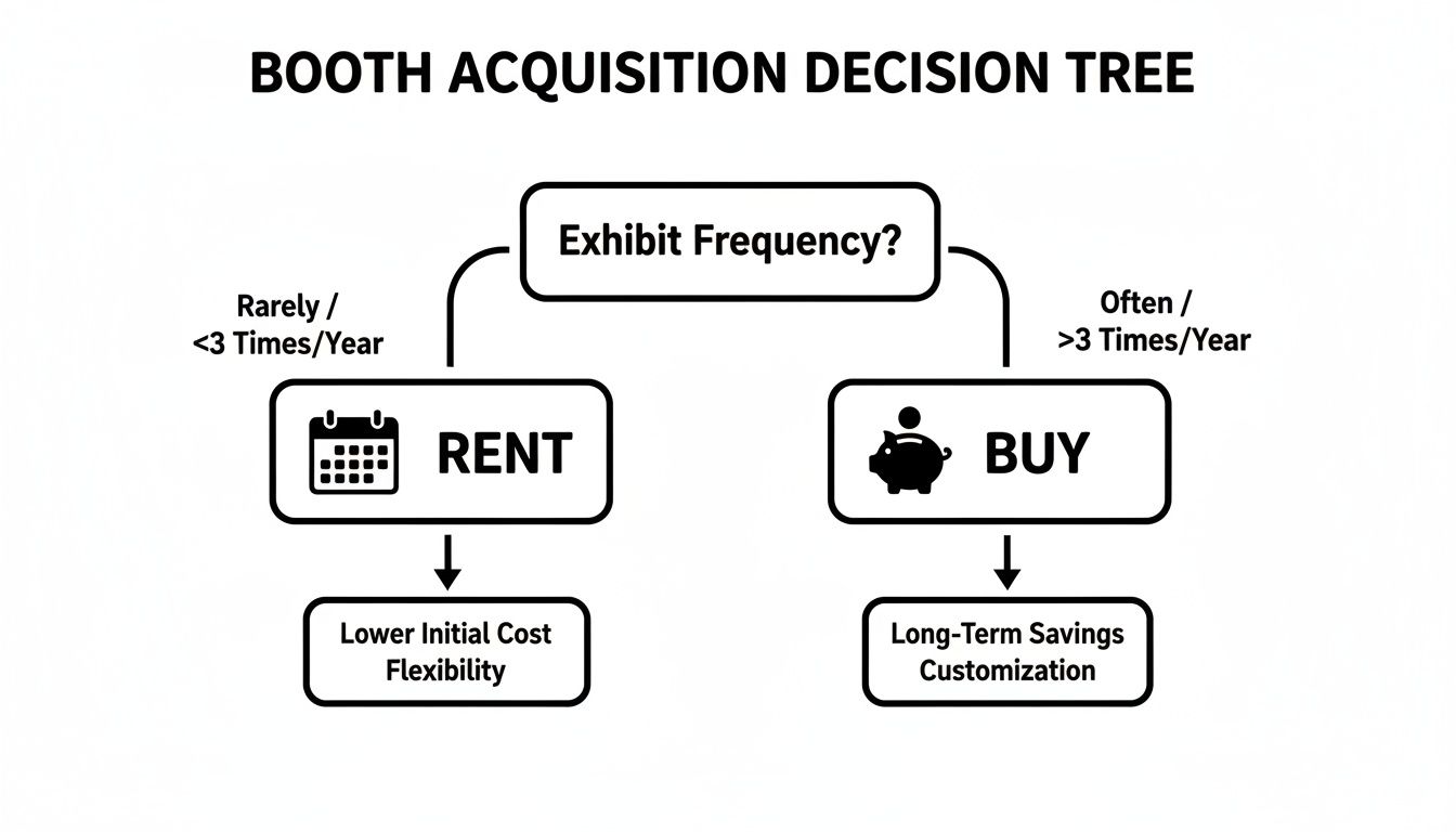 Decision tree illustrating booth acquisition options: rent for rare use (lower cost, flexibility), buy for frequent use (long-term savings, customization).