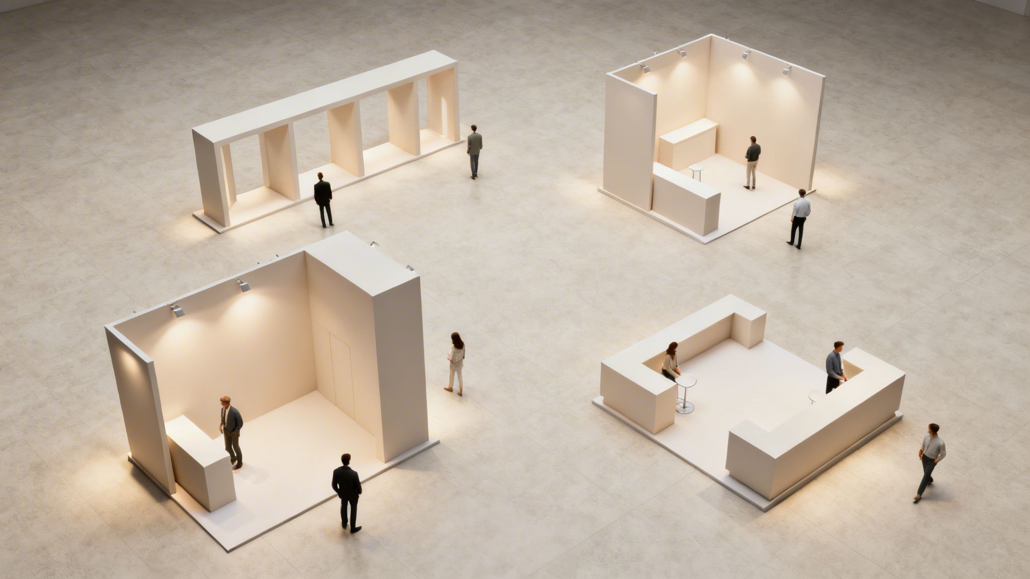 Aerial view of modern, minimalist white trade show booths with people in an exhibition hall.
