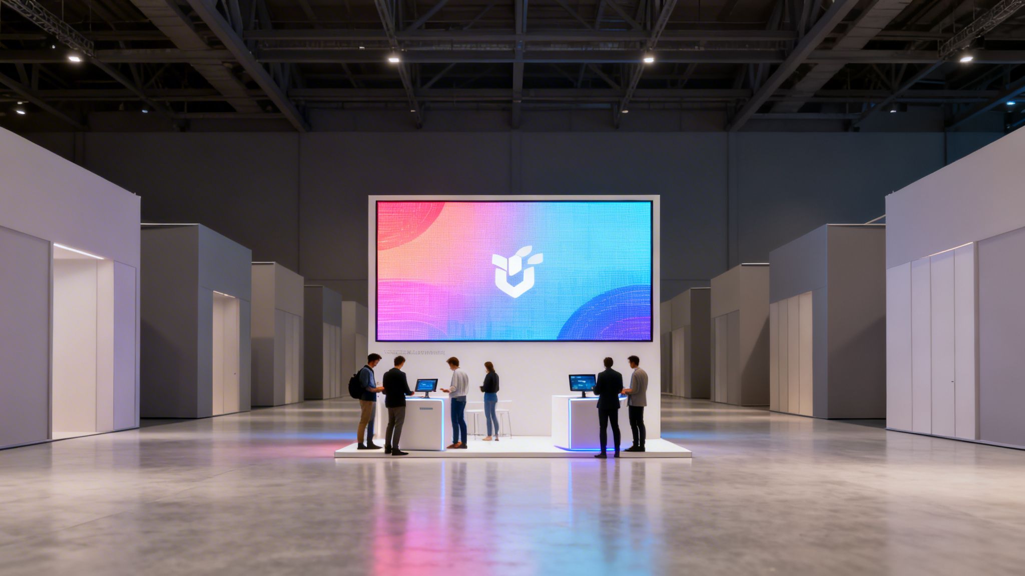 A vibrant trade show booth featuring a large digital display with a colorful logo, surrounded by attendees interacting with computers.