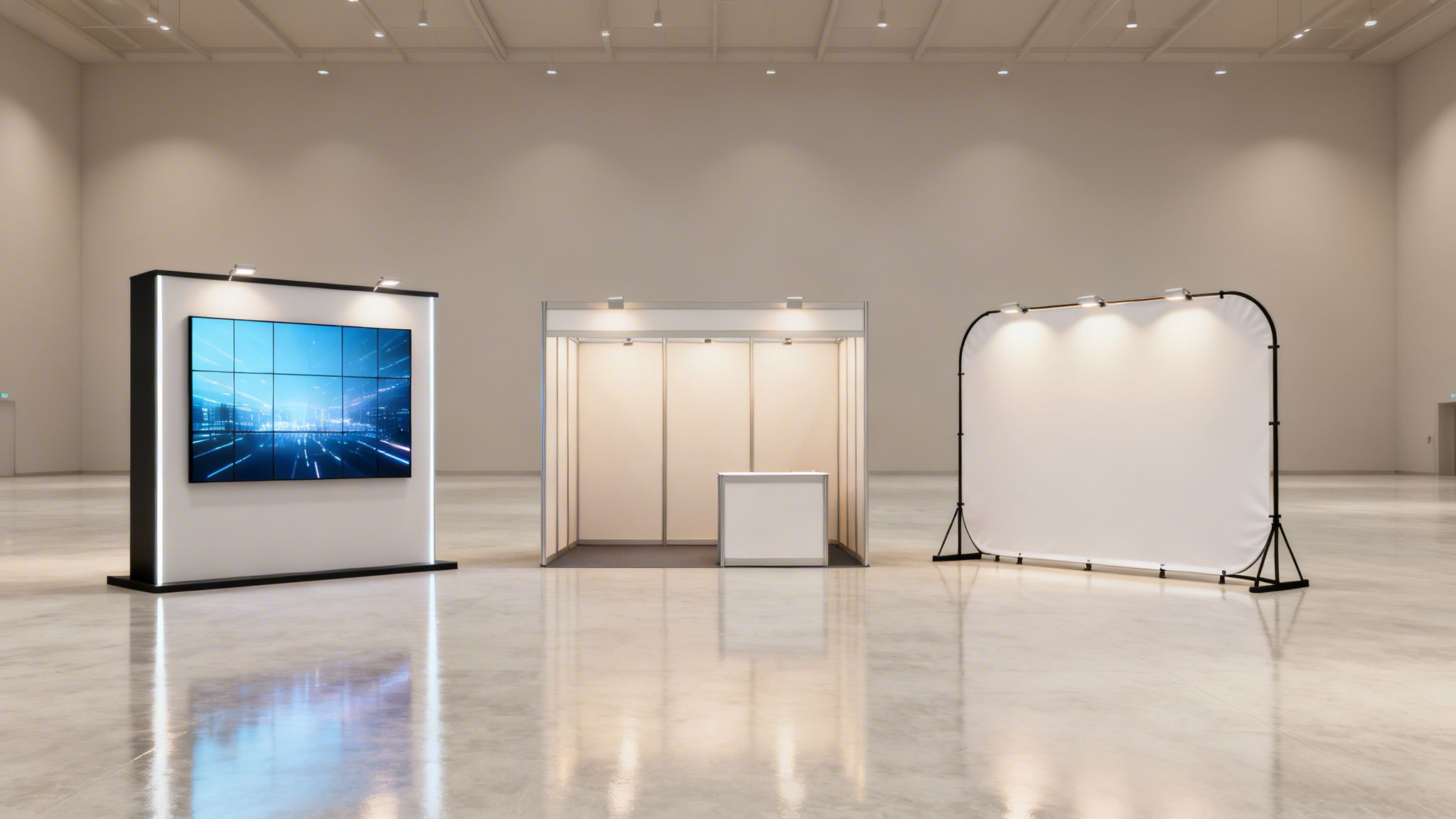 Three empty trade show display stands: a video wall, a booth, and a backdrop, in a large exhibition hall.