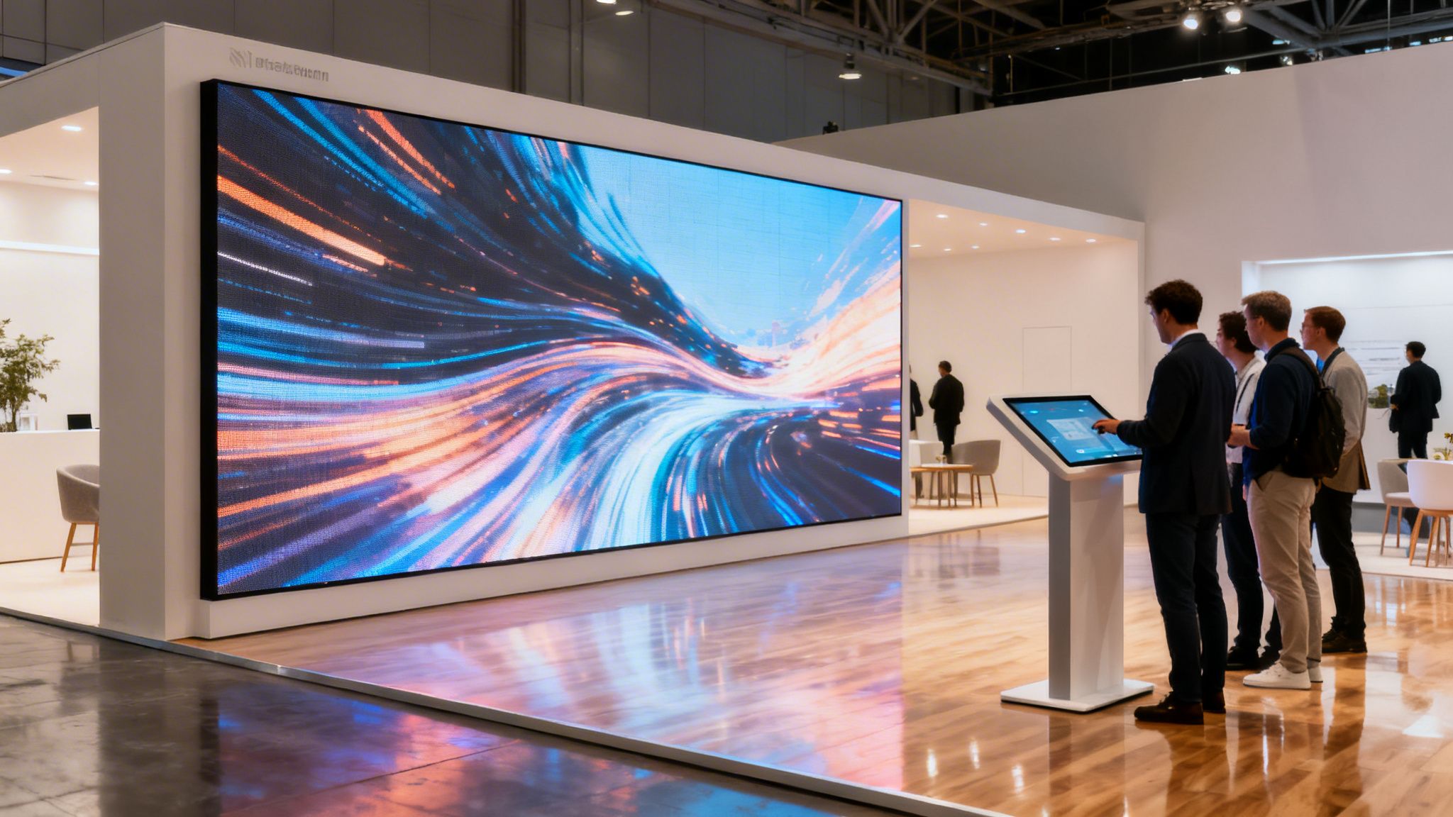 Modern exhibition booth with a large LED screen displaying vibrant abstract art and attendees using a digital kiosk.