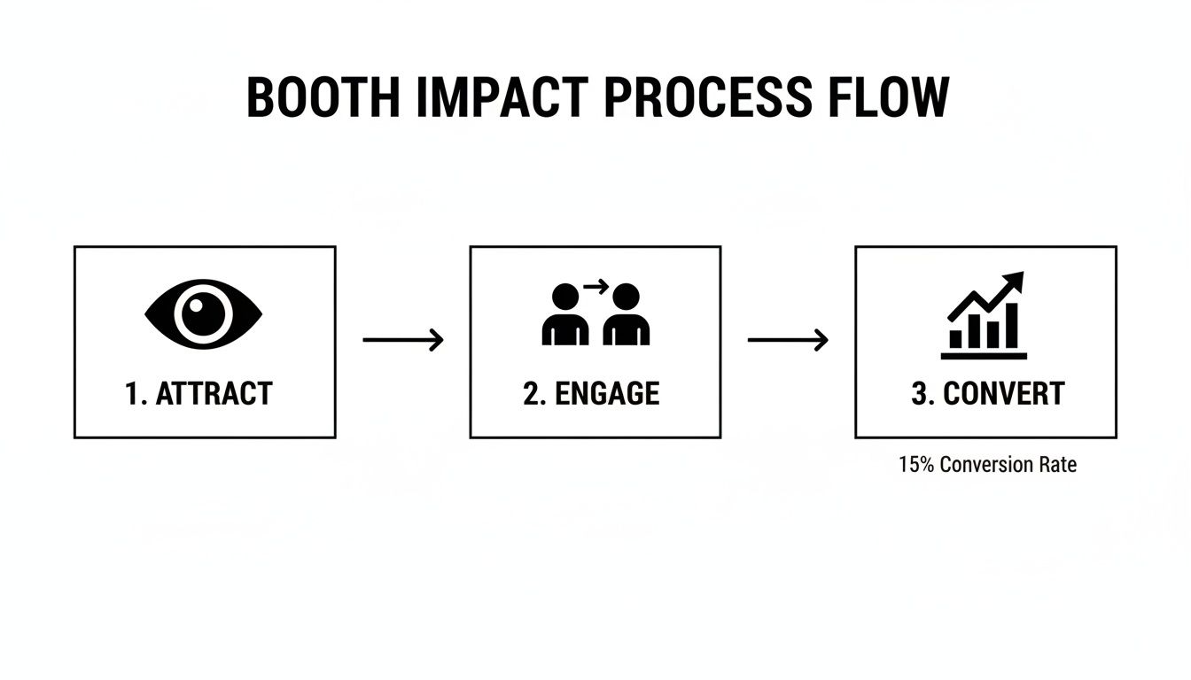 A three-step booth impact process flow: Attract, Engage, and Convert with a 15% conversion rate.