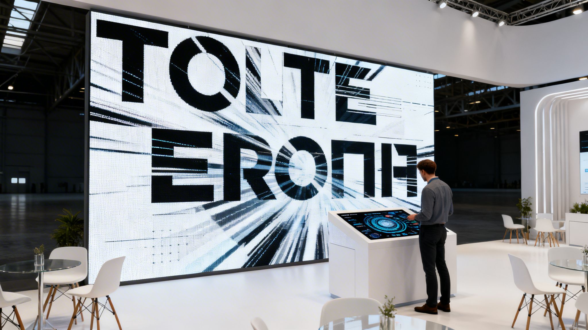 A man interacts with a digital kiosk in front of a large LED display showing 'TOLTE ERONP' in a modern conference space.