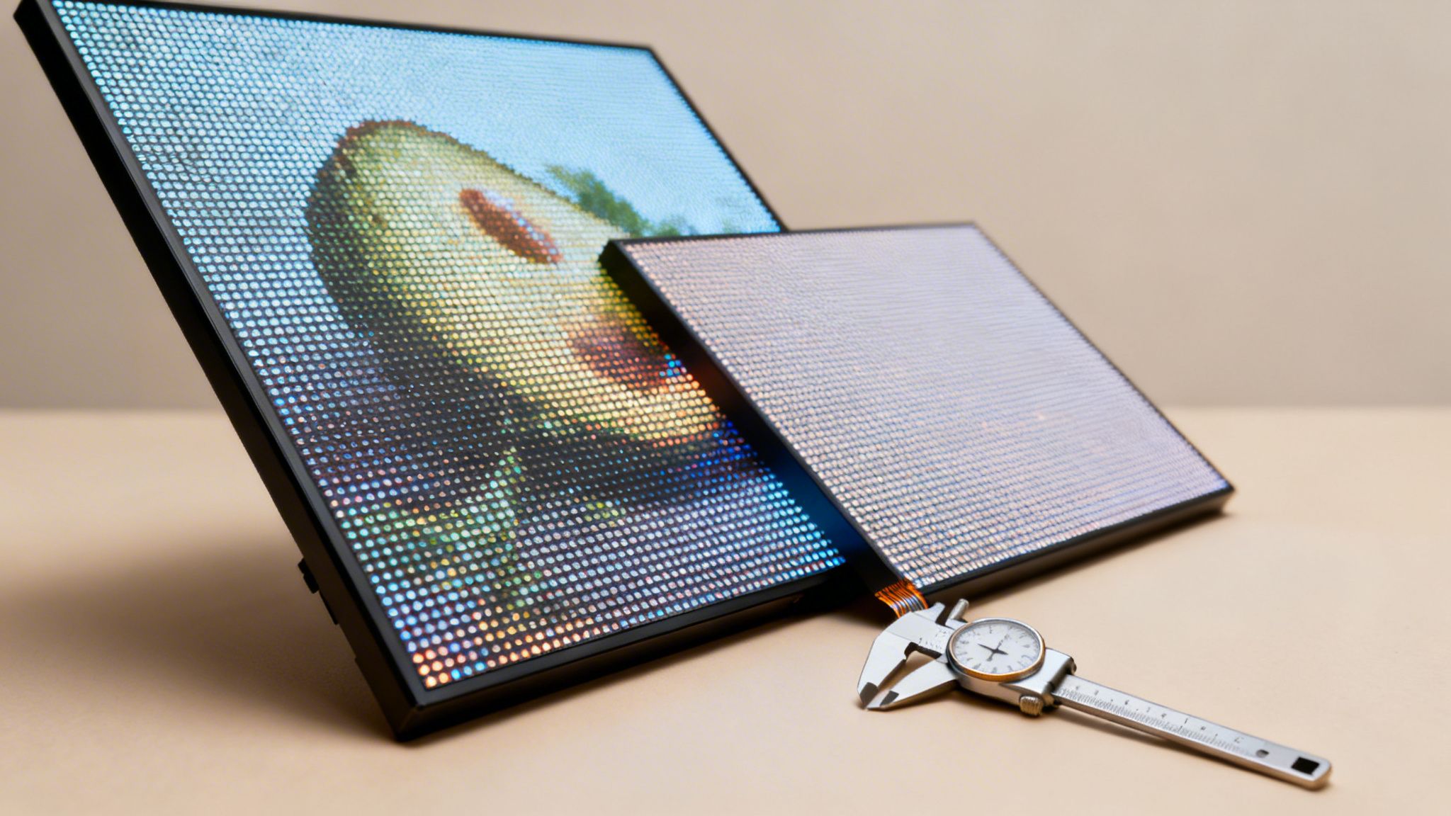 Two advanced display panels, one showing an avocado image, with a caliper for precise measurement.