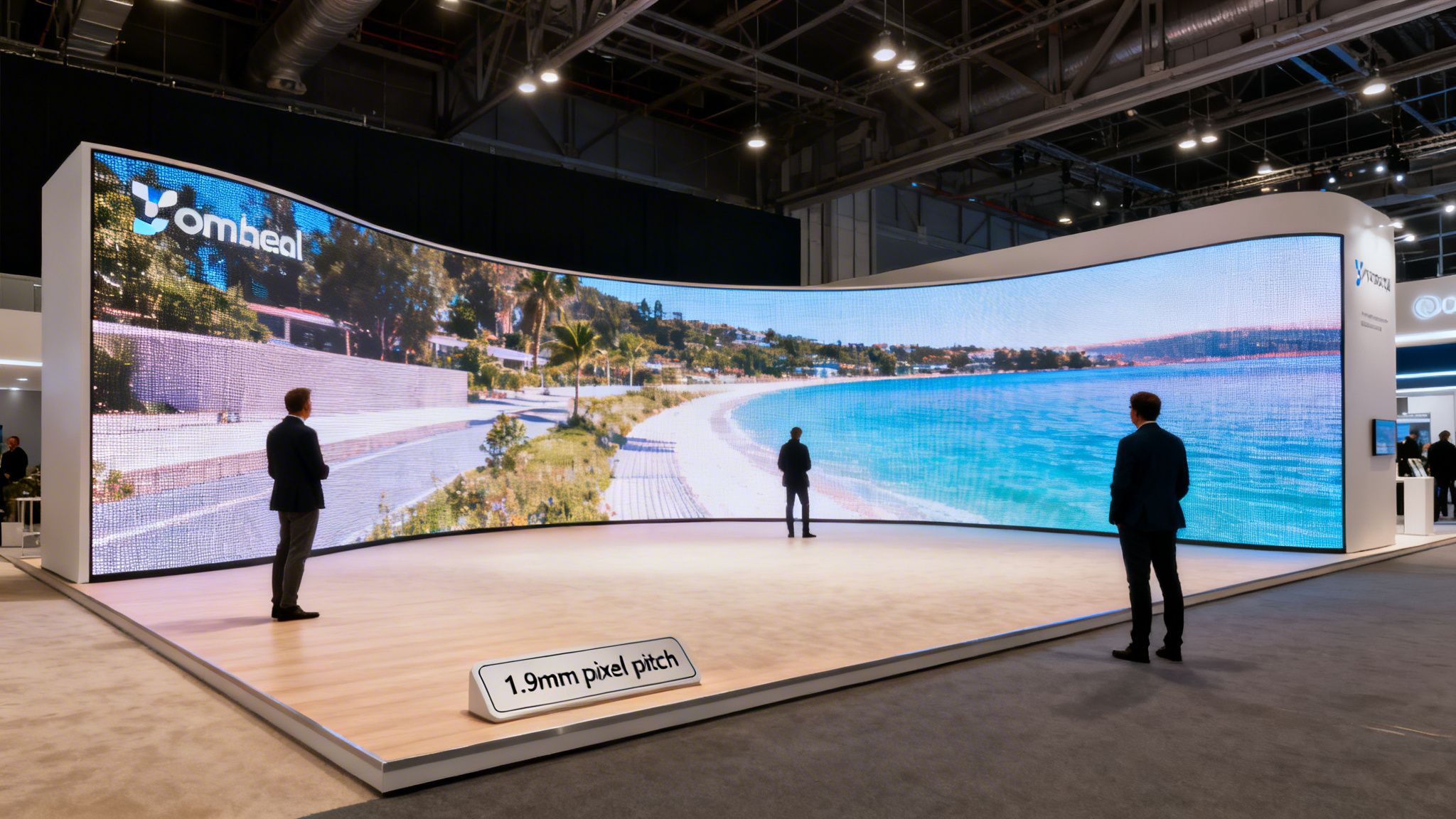 Two men observing a large, curved LED display screen showcasing a vibrant tropical beach scene at a trade show booth.
