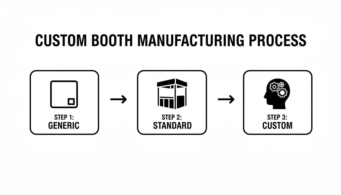Infographic illustrating the three-step custom booth manufacturing process: Generic, Standard, and Custom.