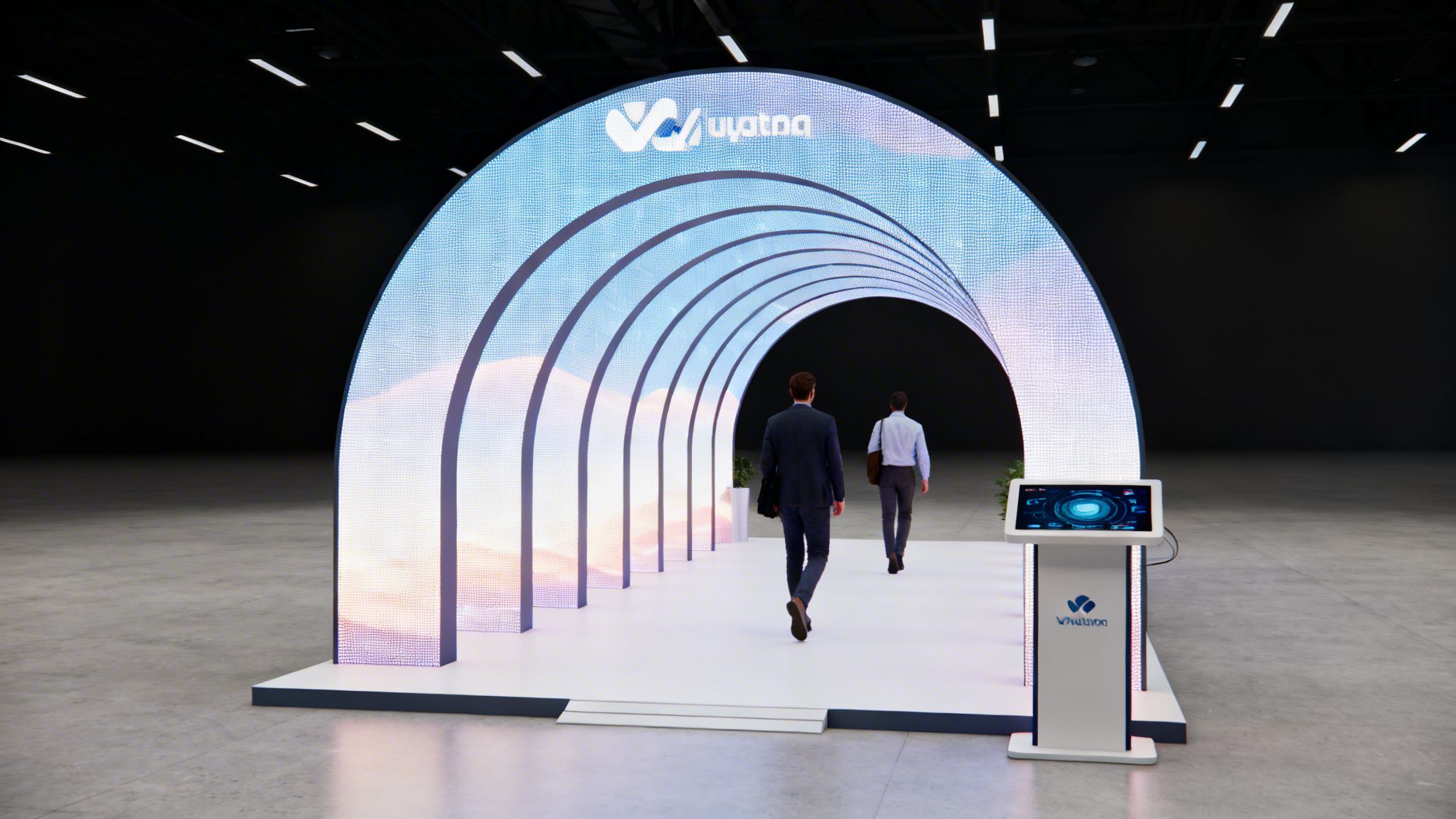 Two men walk into an illuminated digital archway with the Vyattaa logo at a modern exhibition.