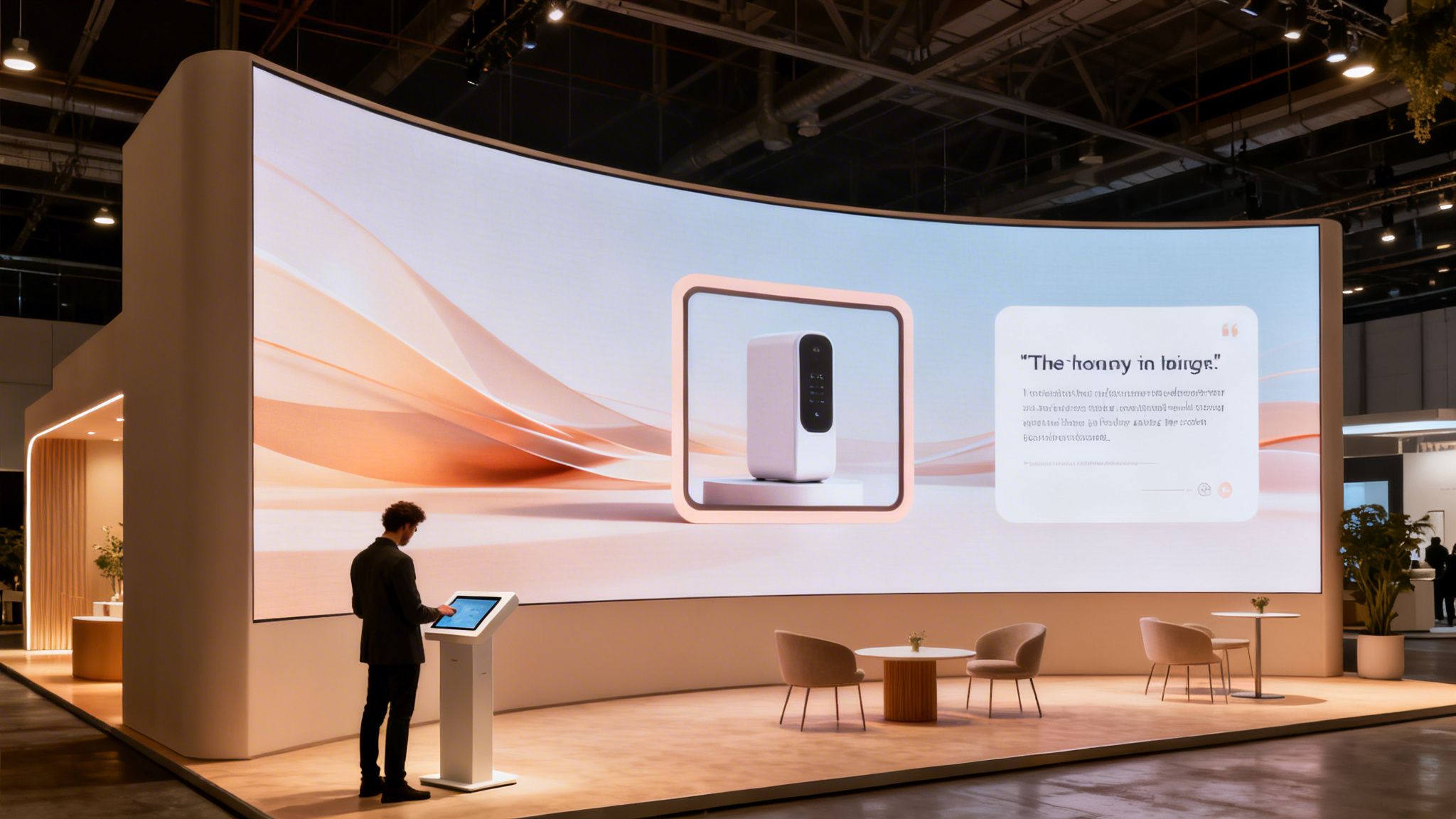 A man interacts with a touchscreen at a modern exhibition booth featuring a large curved LED screen displaying a product.