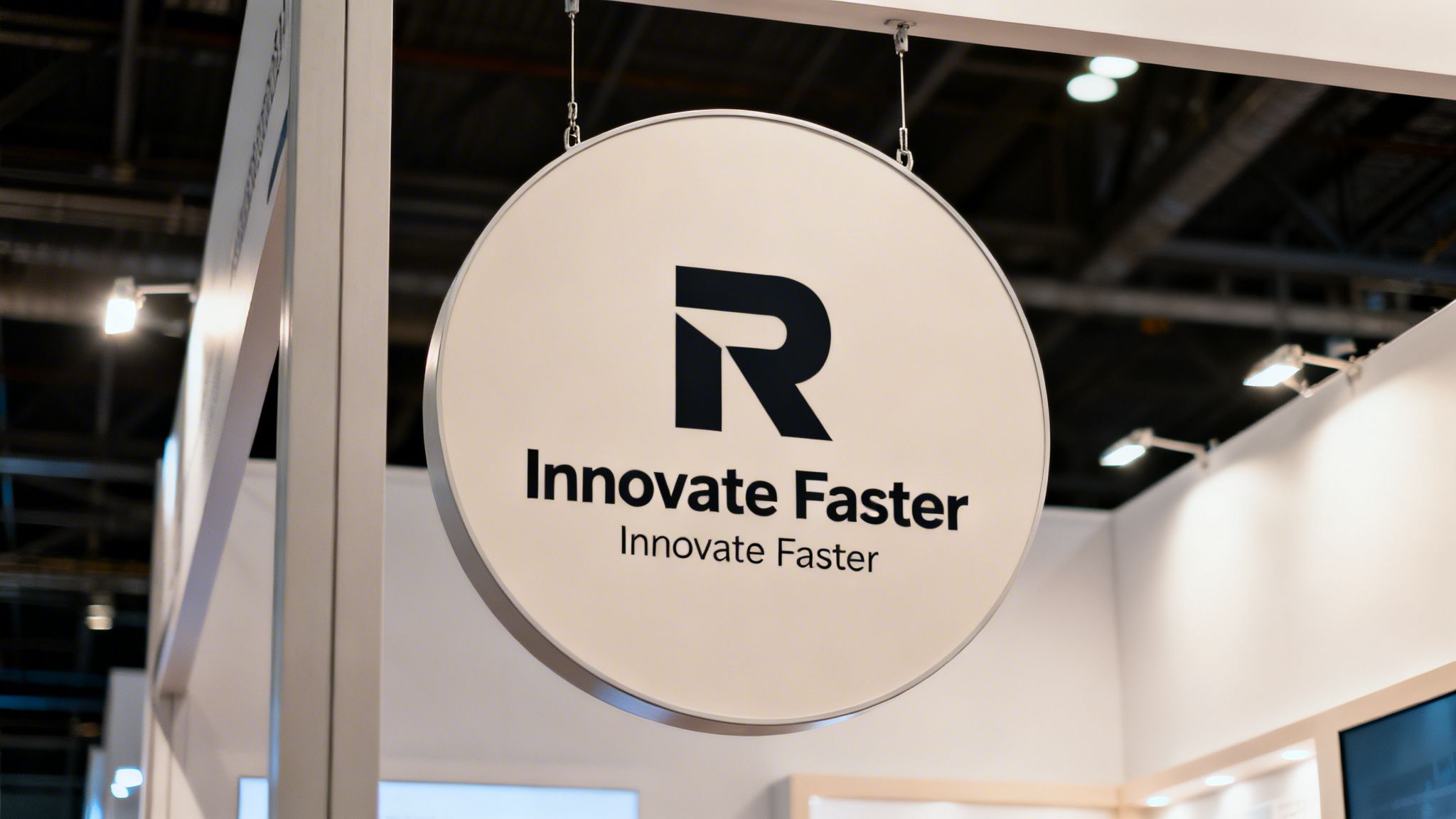A white circular hanging sign at a trade show with a black 'R' logo and 'Innovate Faster' text.