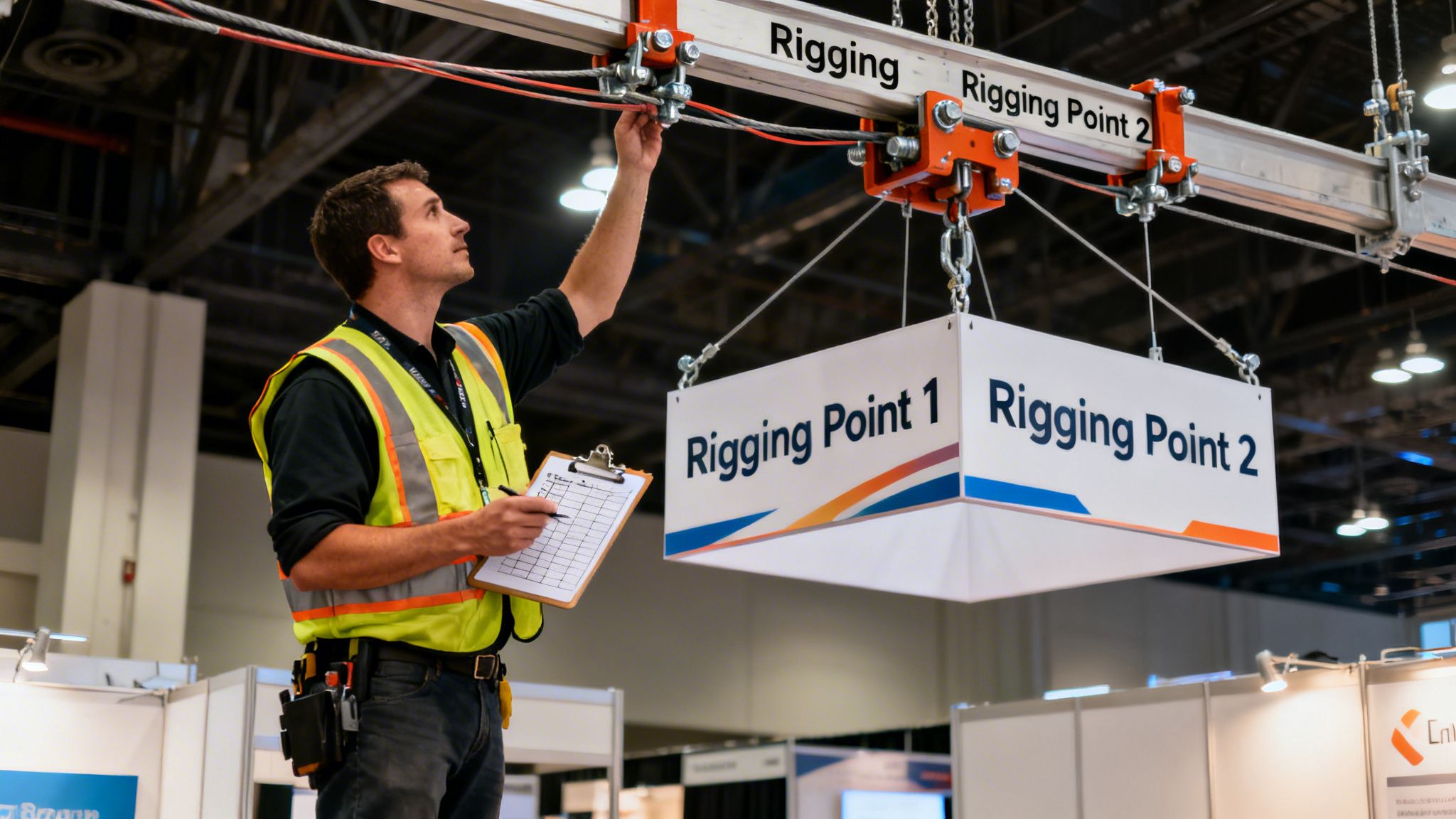Man in safety vest inspecting overhead rigging and a hanging sign at a trade show.