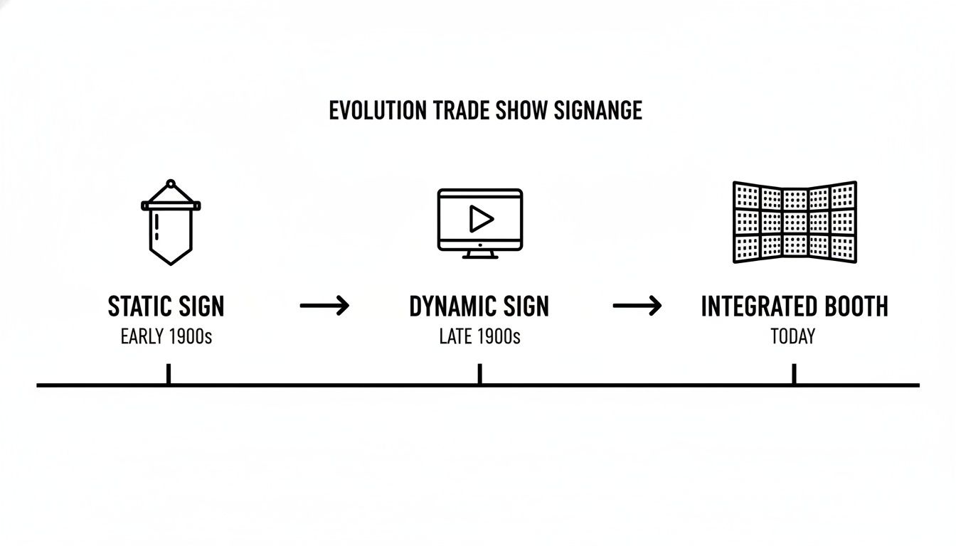 A timeline illustrates the evolution of trade show signage, from static signs to dynamic displays and integrated booths.