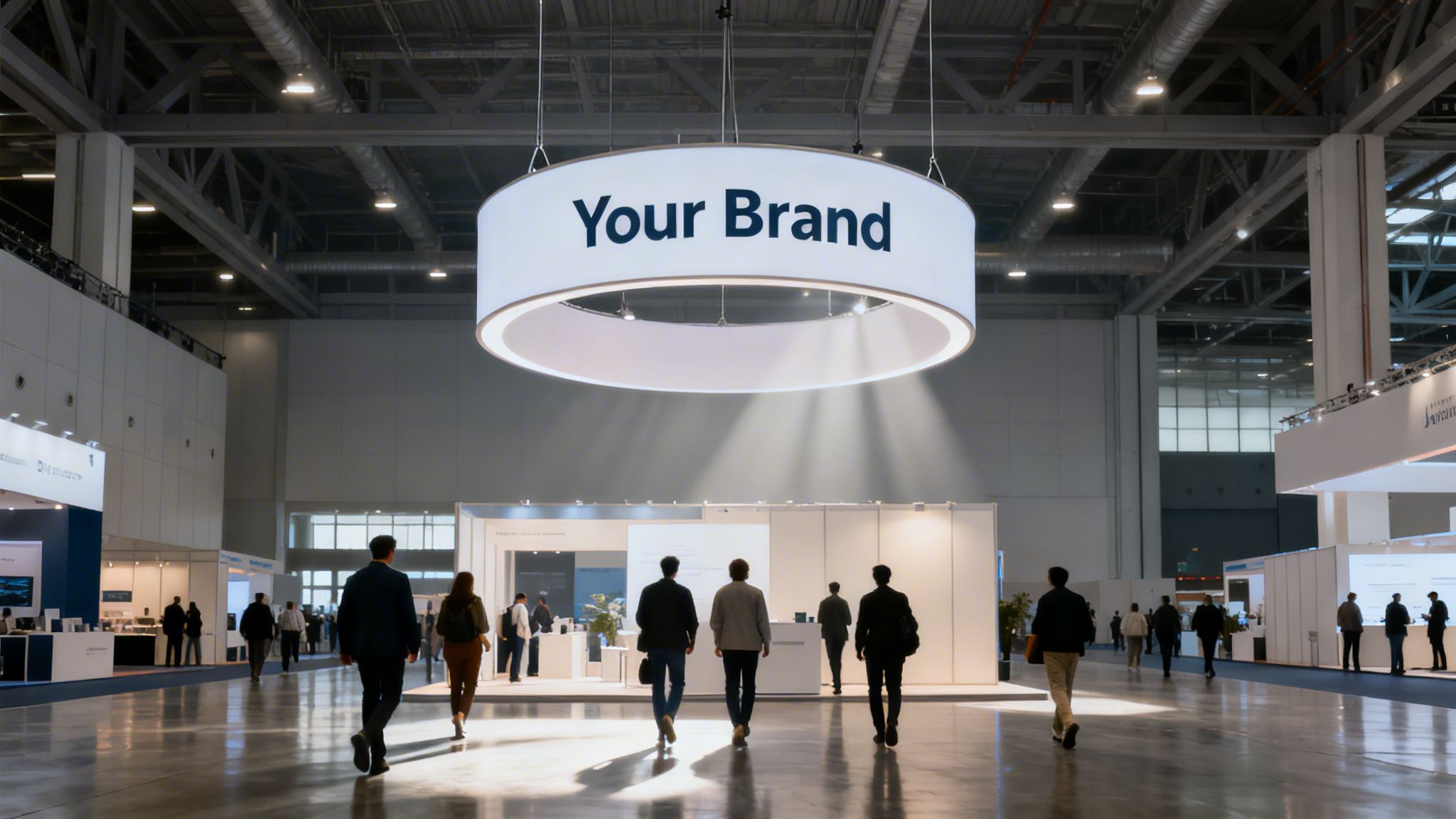 A large circular 'Your Brand' sign hangs prominently above people walking through a busy trade show hall.