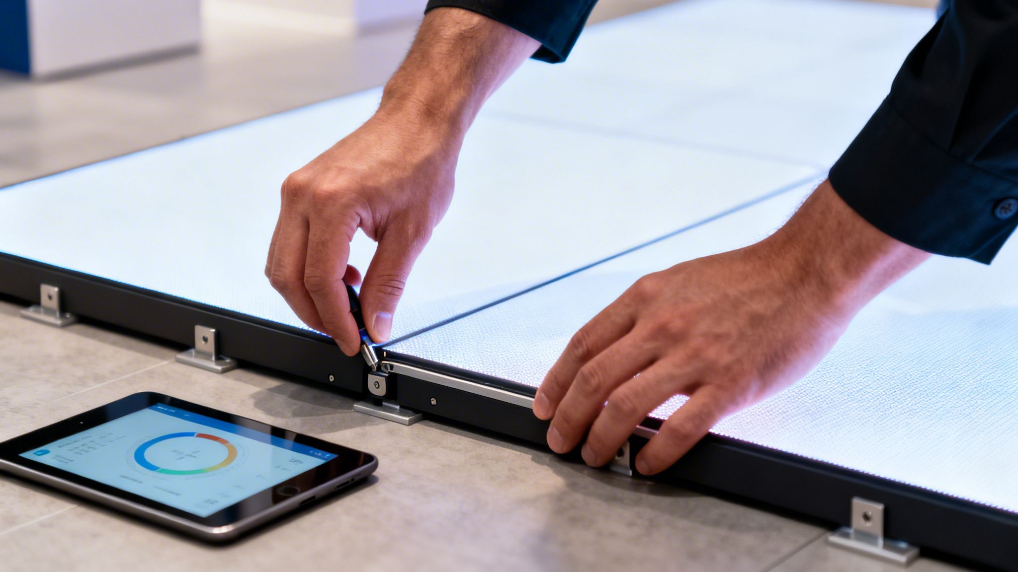 Close-up of a person's hands assembling illuminated display panels next to a tablet showing data.