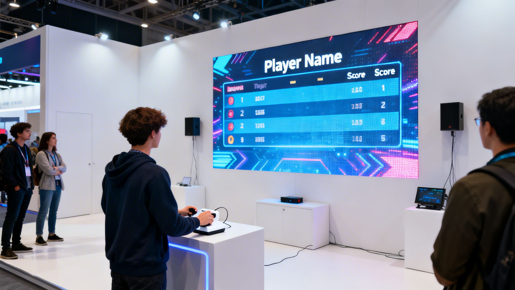 Young person plays an interactive game on a large LED screen at an exhibition booth.