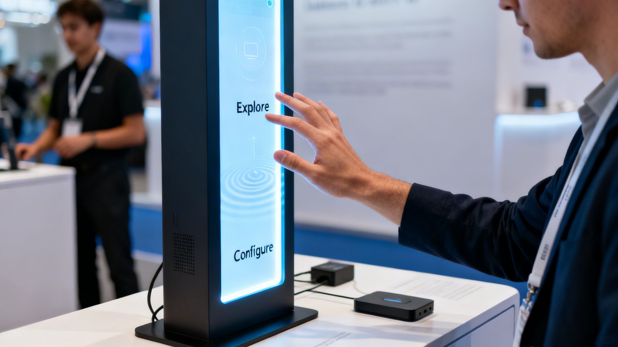 A person's hand touches a luminous interactive digital display showing 'Explore' and 'Configure' options.