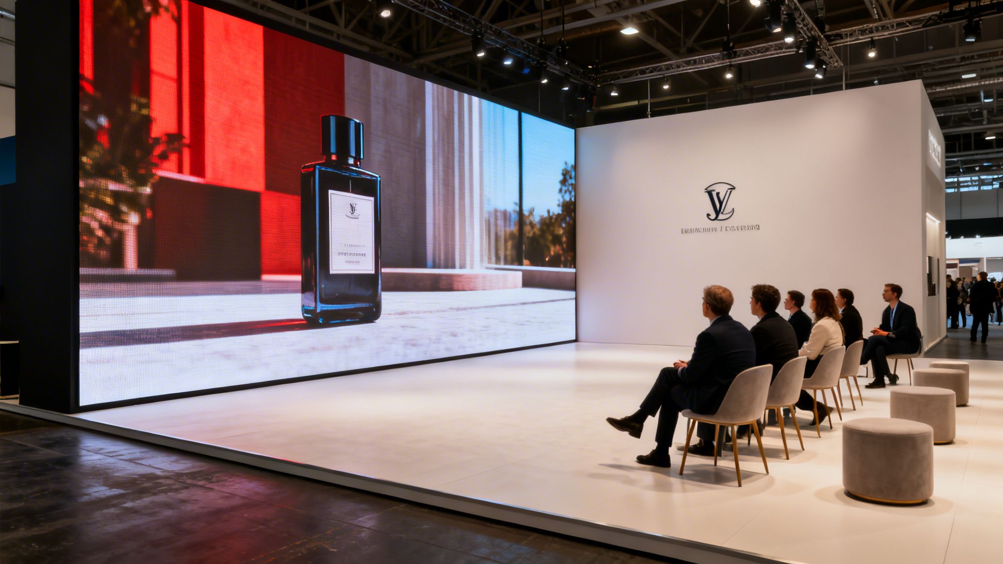 Attendees watch a large LED screen displaying a perfume bottle at an interactive Louis Vuitton brand booth.