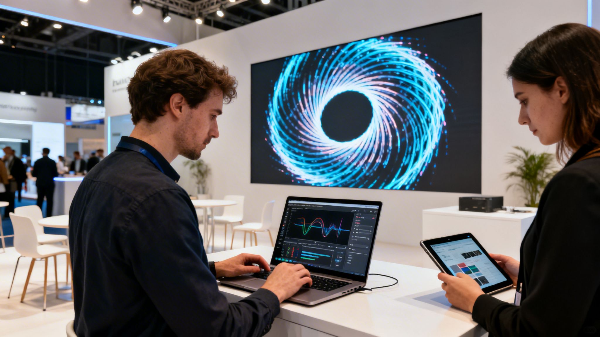 Professionals using a laptop and tablet at a modern LED trade show booth.