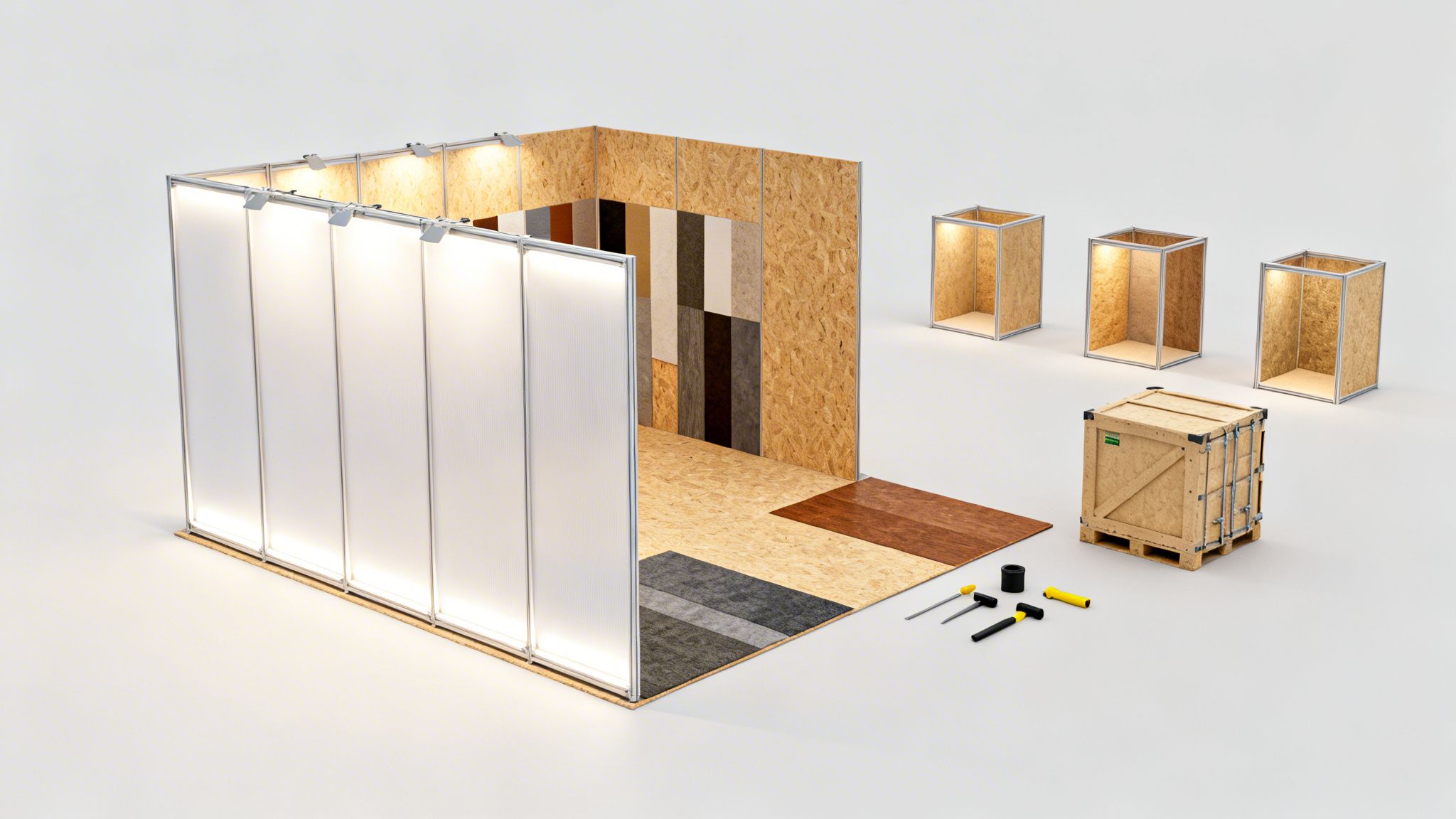 A partially assembled modern trade show booth with white panels, OSB walls, material samples, display units, and tools.