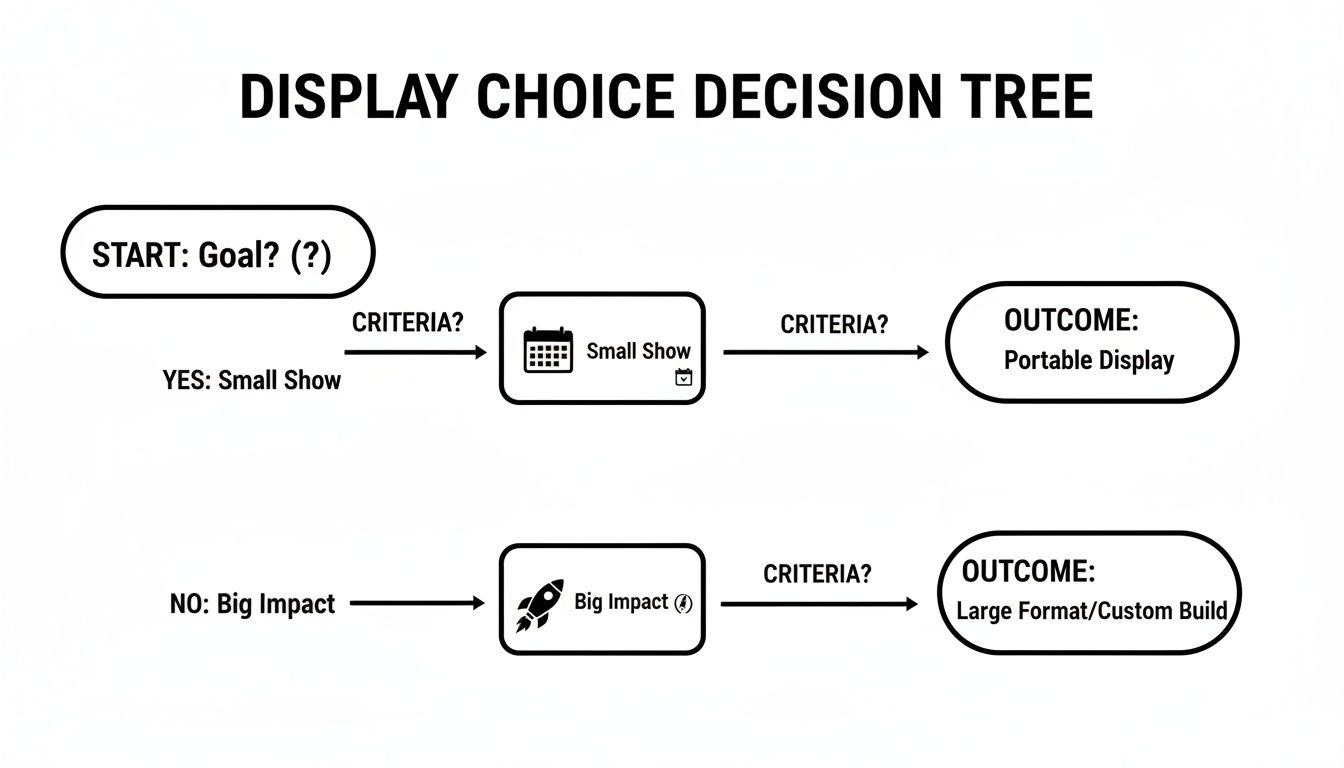 A display choice decision tree diagram guiding users to choose between portable or large format/custom build displays.