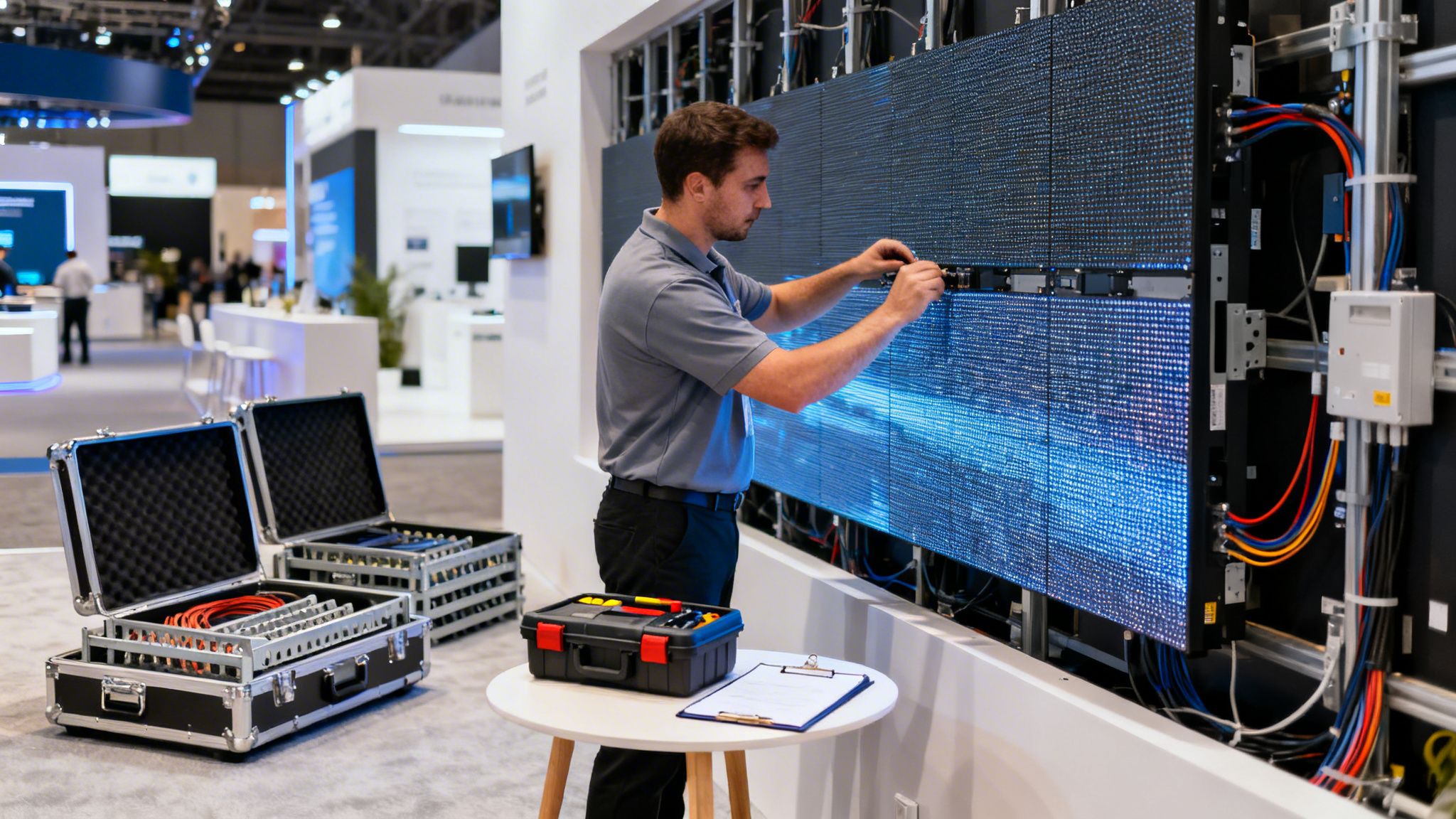 A technician installs panels on a large LED display screen at a busy trade show booth.