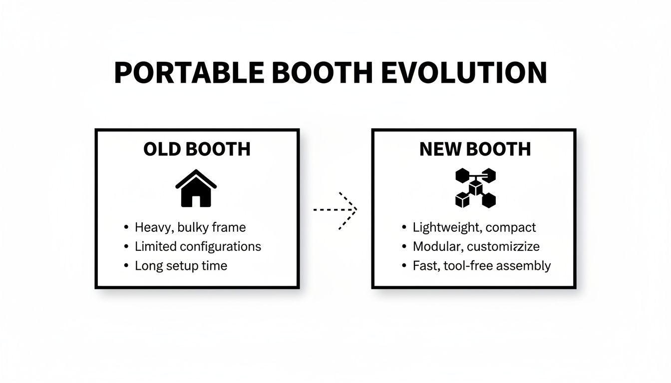 Infographic comparing old vs. new portable booth features, highlighting the evolution towards lighter, modular designs.