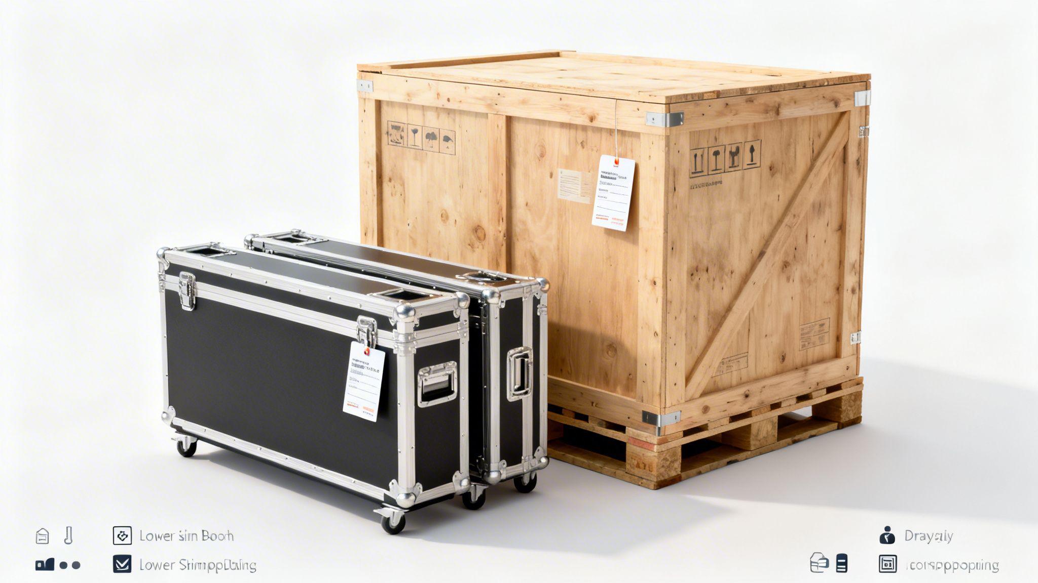 Two black road cases on wheels and a large wooden shipping crate on a pallet.