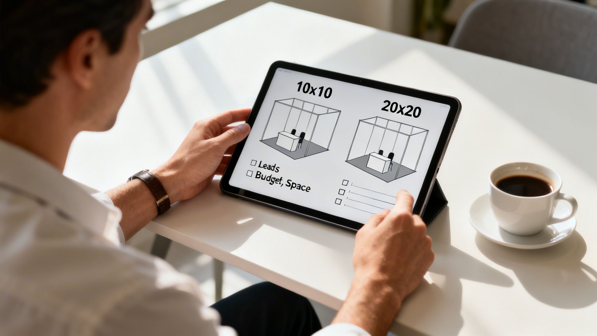 A person reviews portable tradeshow booth options and planning details on a digital tablet.