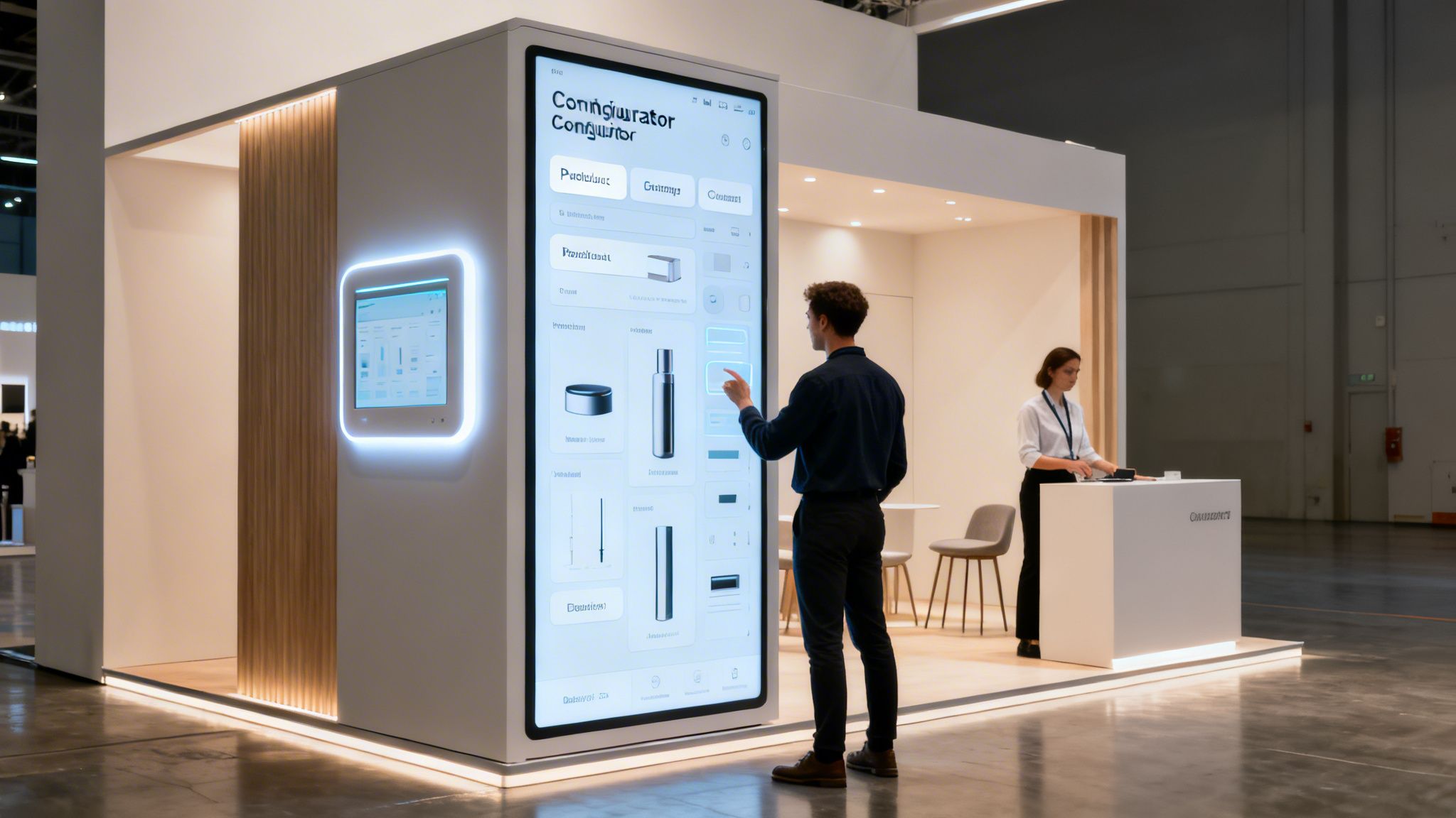 Man interacts with a large interactive display at a modern trade show booth, featuring glowing screens.
