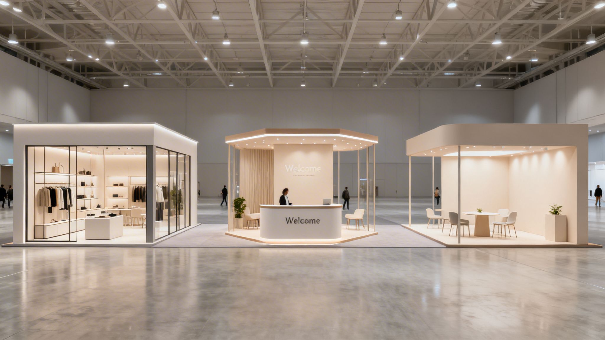 Three modern, minimalist trade show booths in a large, empty exhibition hall, featuring retail, welcome, and lounge areas.