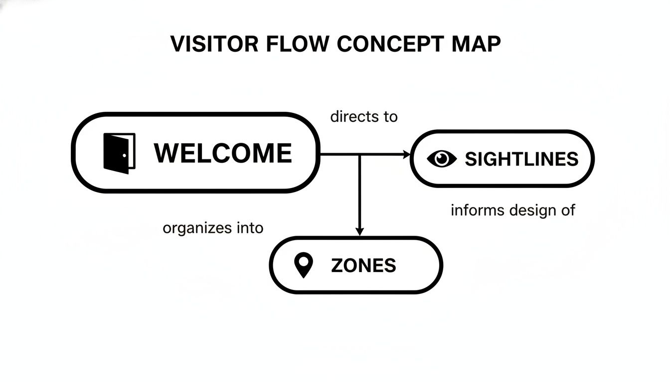 A concept map illustrates visitor flow, connecting welcome to sightlines and zones, and their interrelationships.