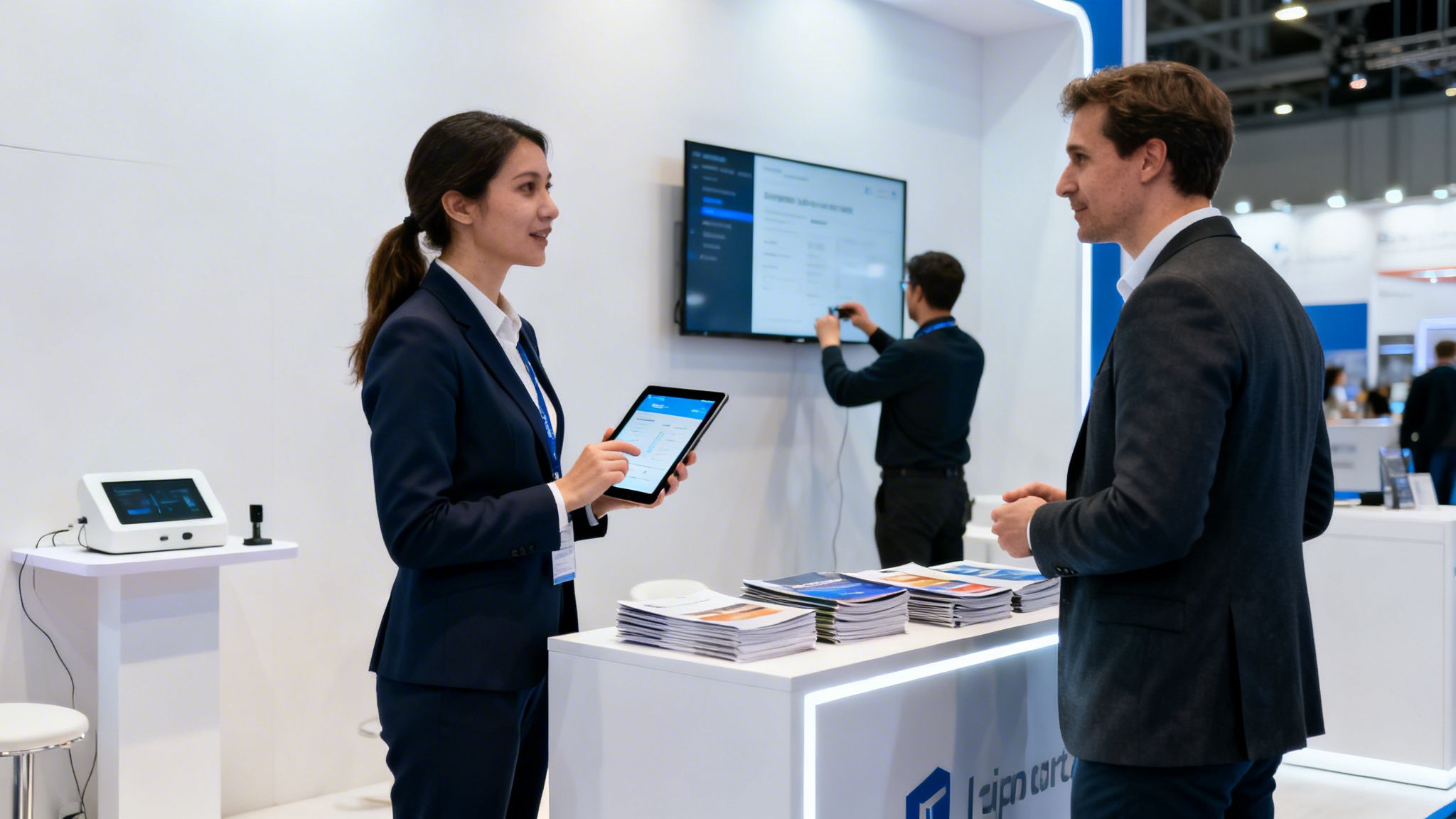 Professionals at a modern trade show booth discussing a product displayed on a tablet and screen.