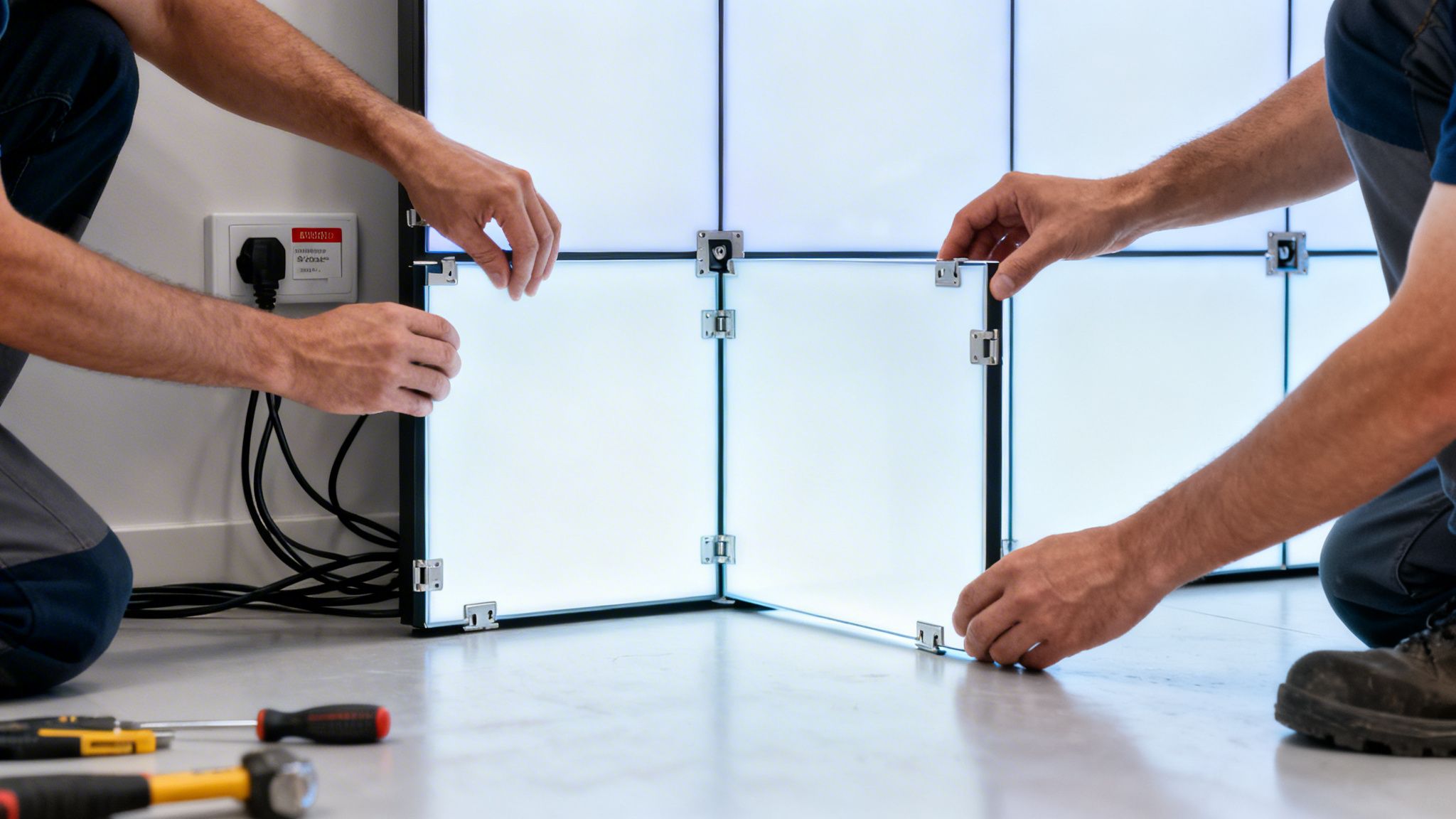 Two men assemble illuminated modular display panels, connecting them to form a large light wall.