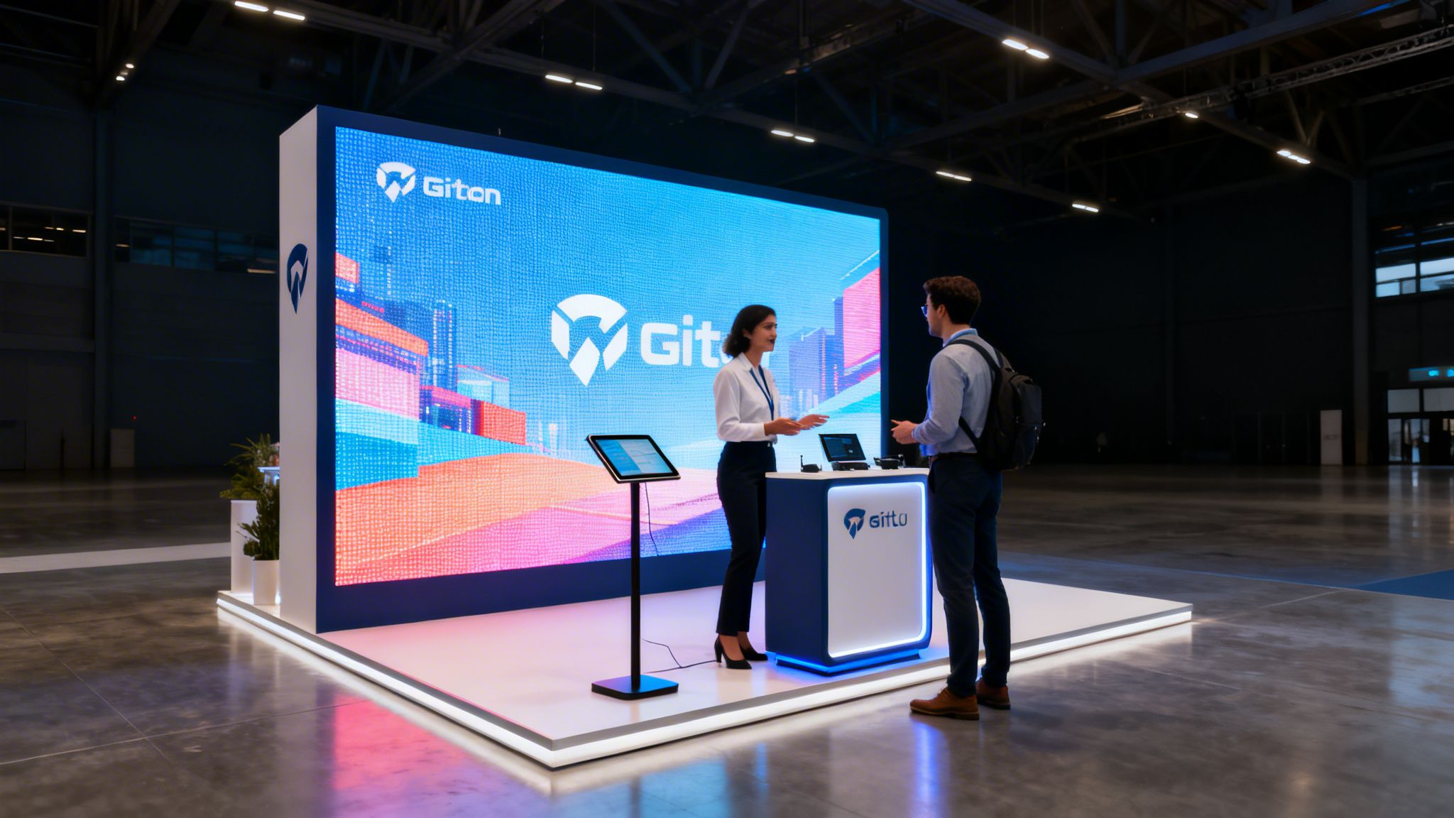 Two people interact at a modern Giton trade show booth with a large, vibrant LED screen.