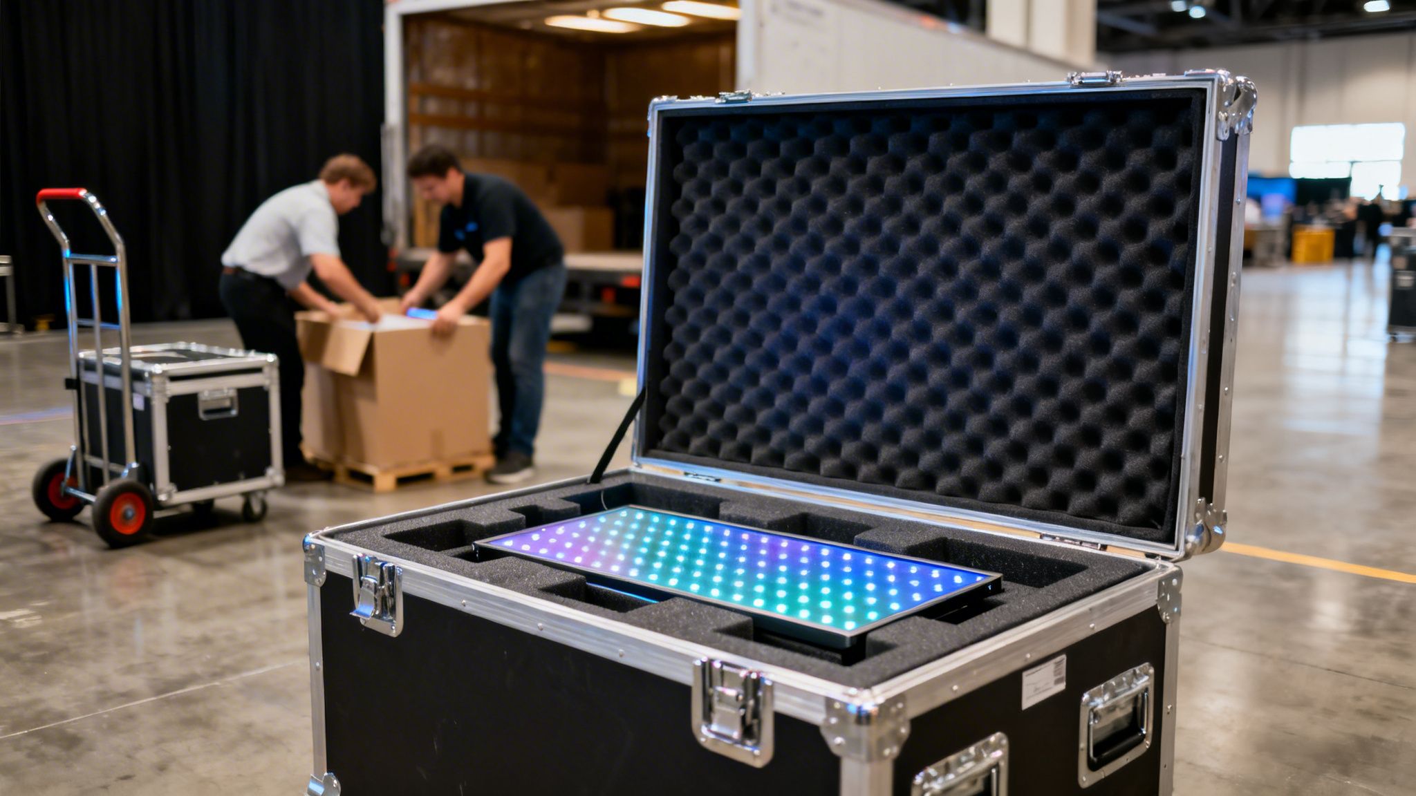 Open road case displaying a vibrant LED light panel, ready for event setup or shipping.