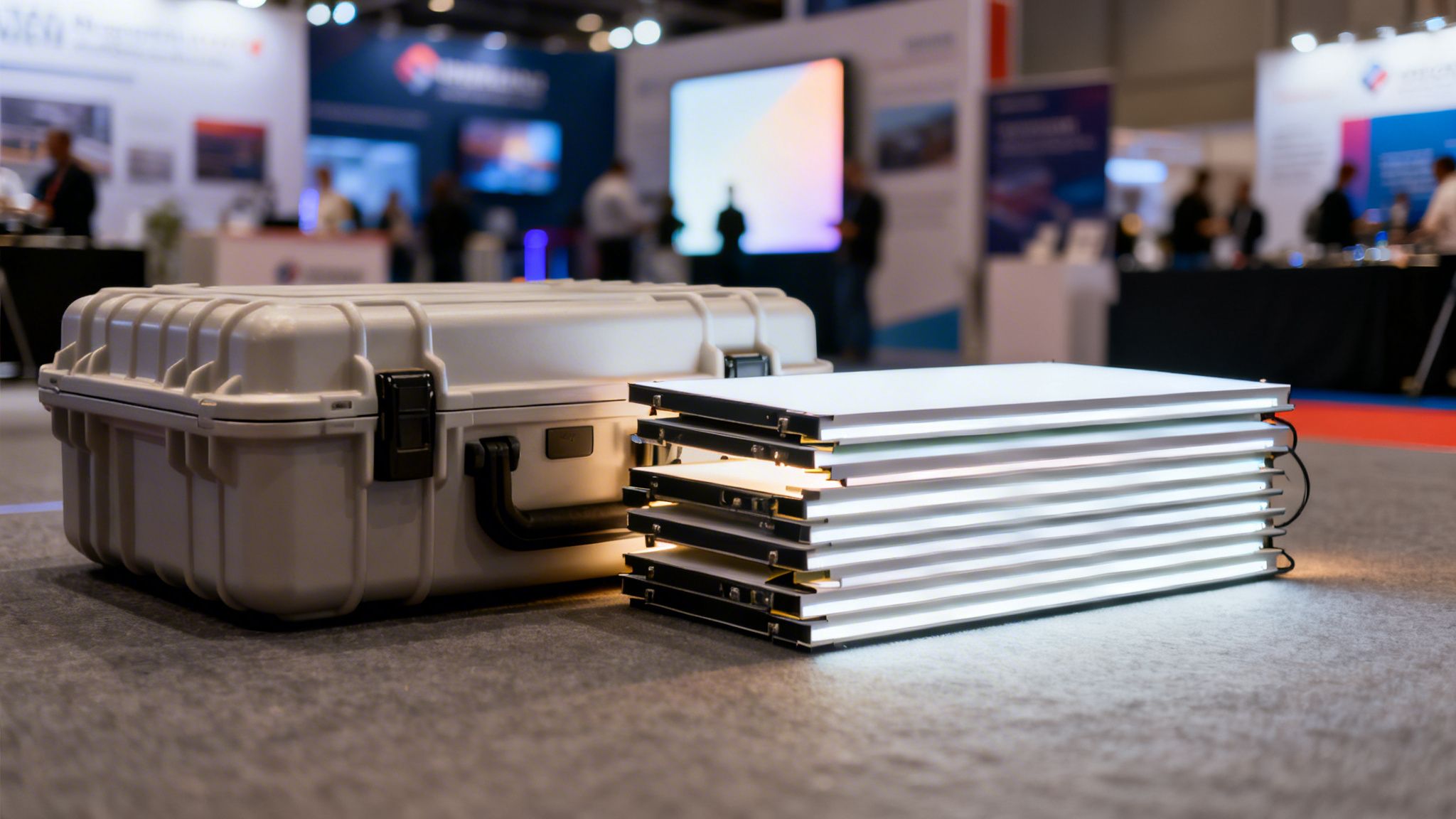 Rugged grey shipping case and a stack of glowing LED light panels at a trade show.
