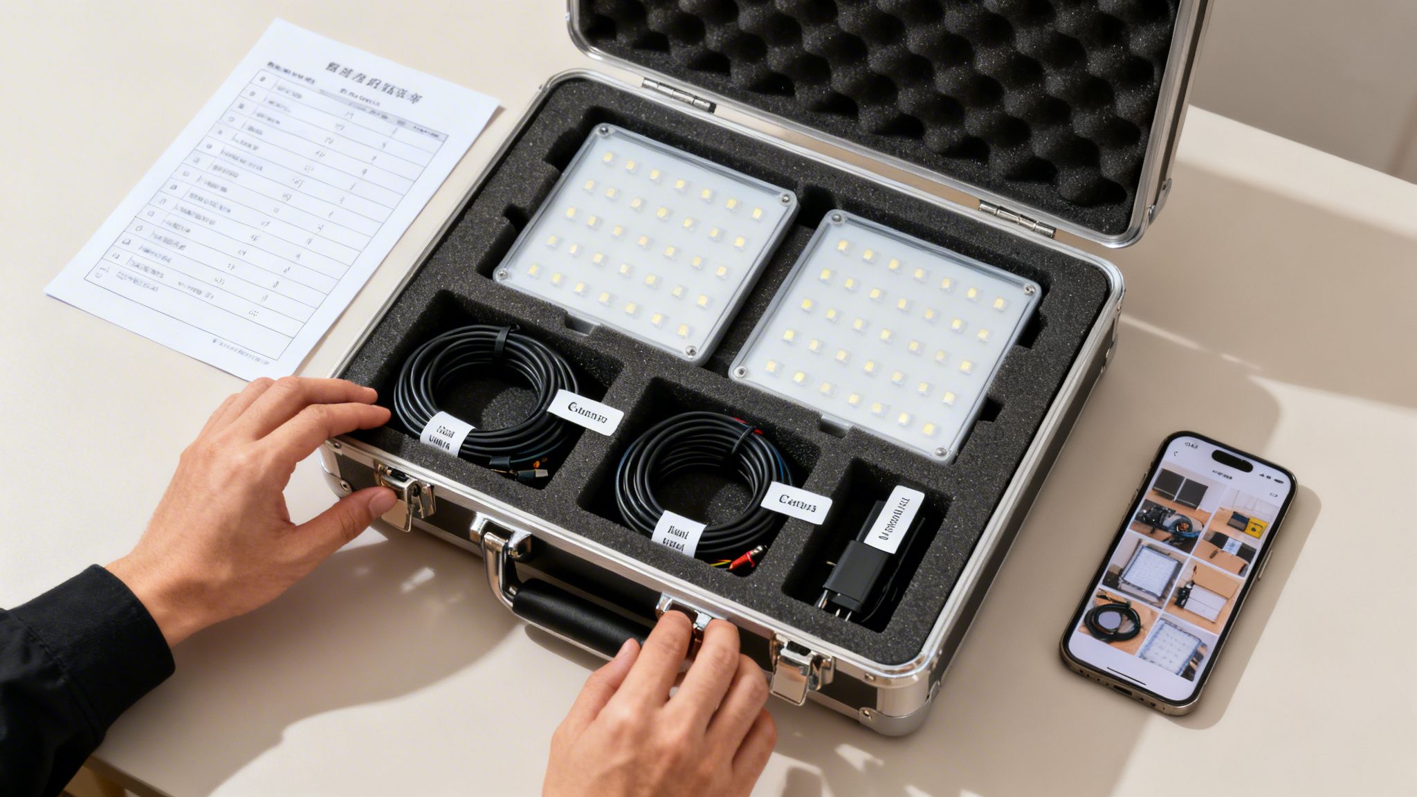 A person opens a professional silver case containing LED light panels, cables, and an adapter, with a document and smartphone nearby.