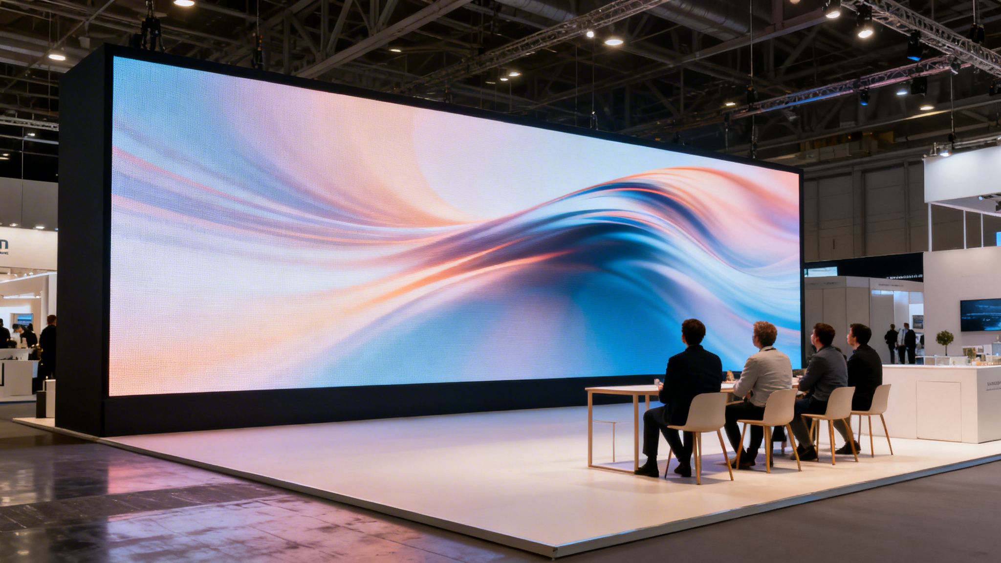 Four people watch a large LED video wall displaying abstract colorful artwork at a modern exhibition.
