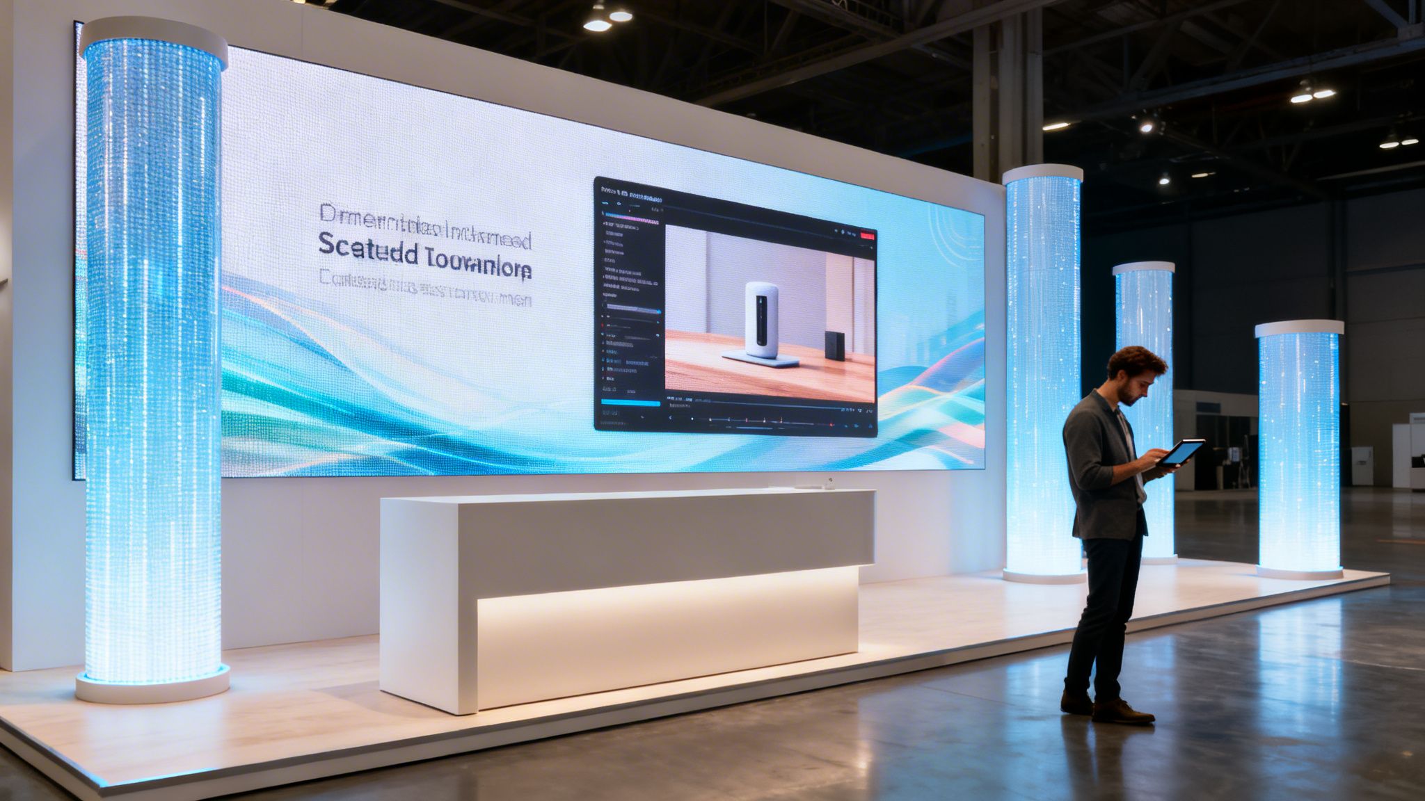 A man uses a tablet in front of a large, glowing video wall display at a modern exhibition booth.