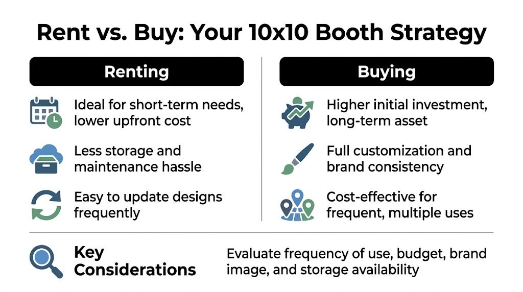 A comparison infographic showing the pros and cons of renting versus buying a 10x10 trade show booth.