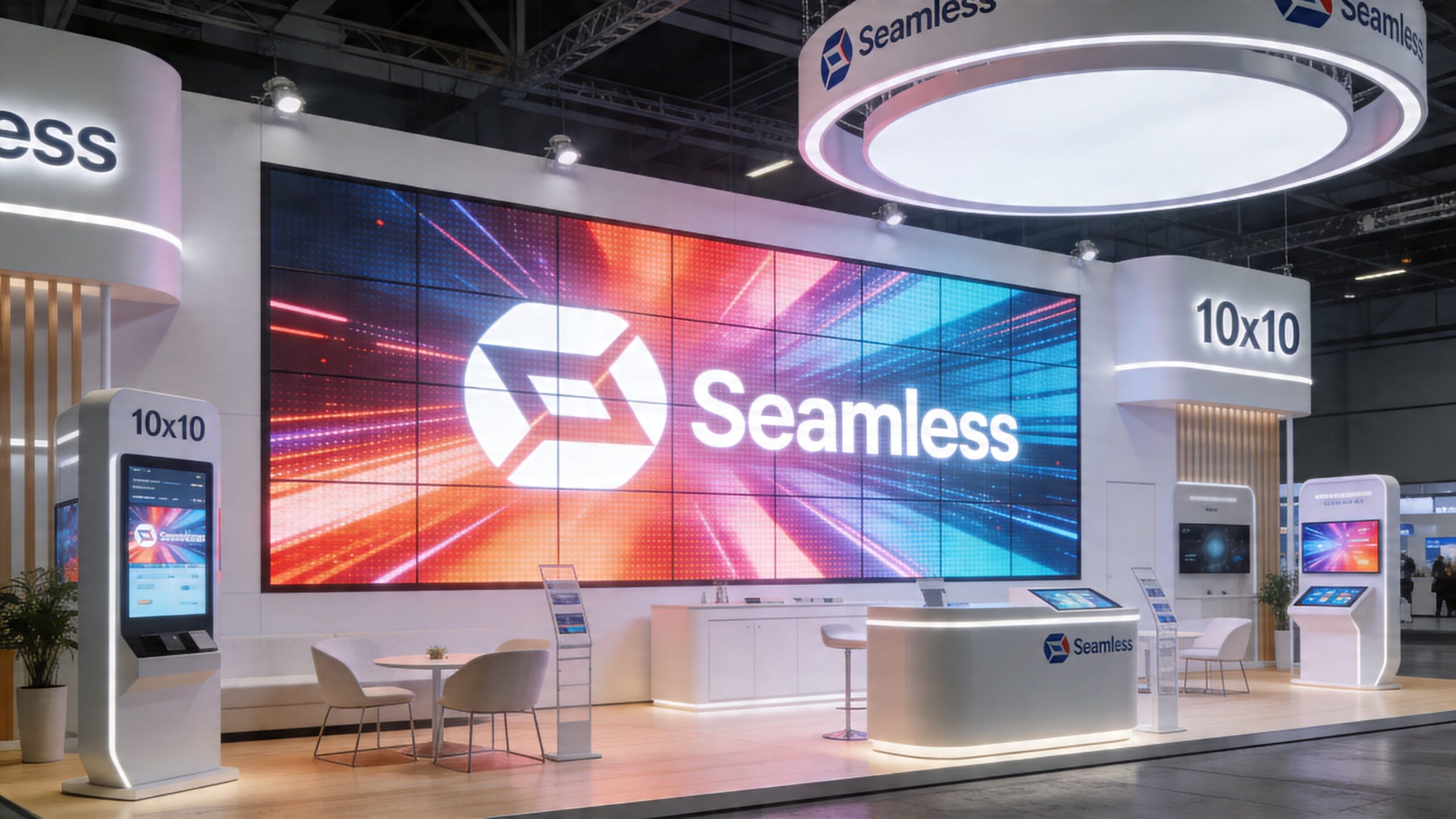 A sleek modern 10x10 pop-up trade show booth display featuring a large digital screen by Seamless.