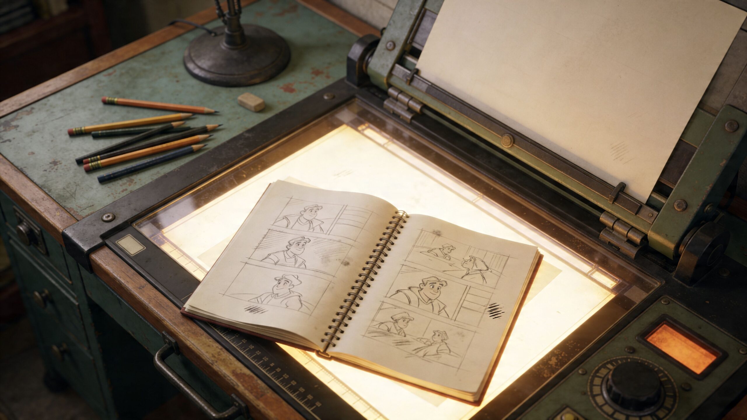 An open sketchbook with storyboard drawings resting on a vintage illuminated animation light box desk.