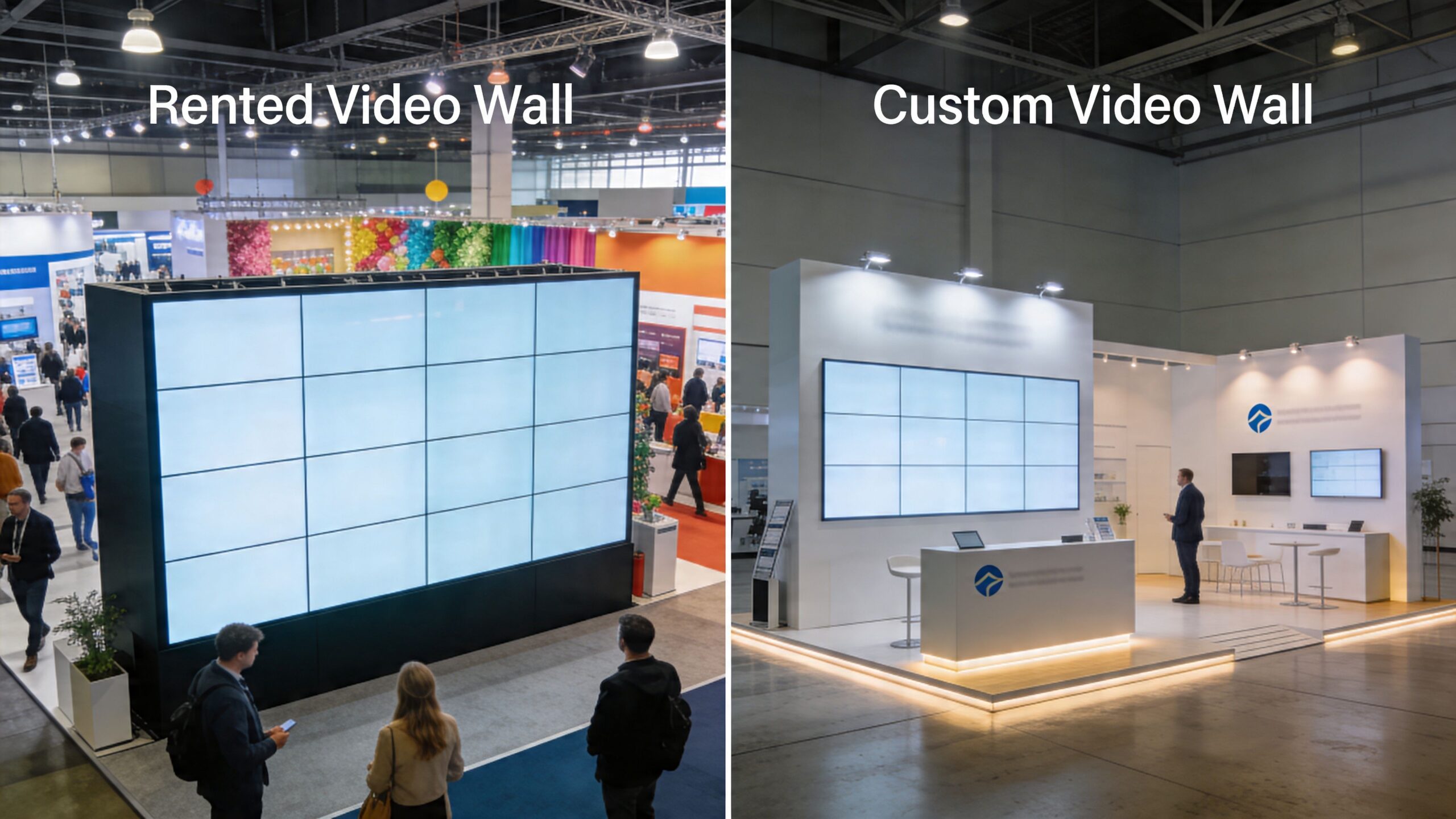 A side-by-side comparison showing a large rented video wall and a smaller custom trade show booth wall.