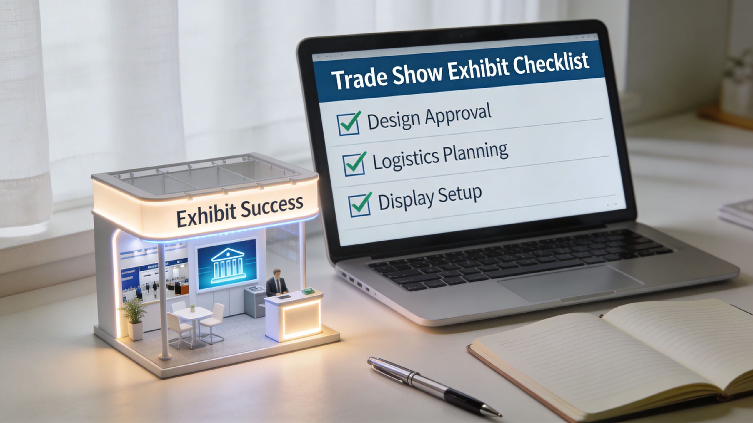 A miniature trade show display booth model sits next to a laptop displaying a project success checklist.