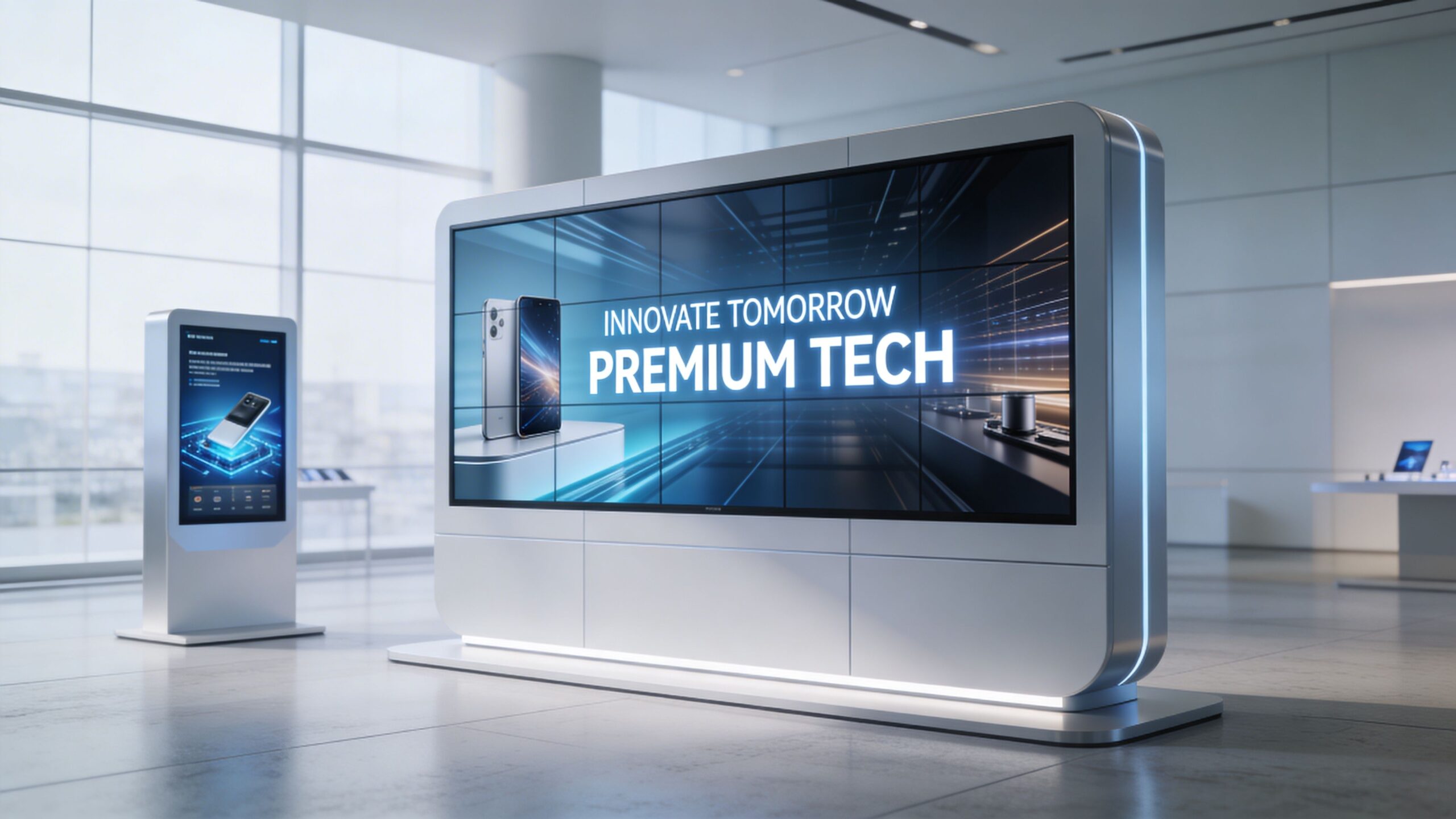 A modern showroom featuring a large multi-screen video display stand and a smaller digital kiosk