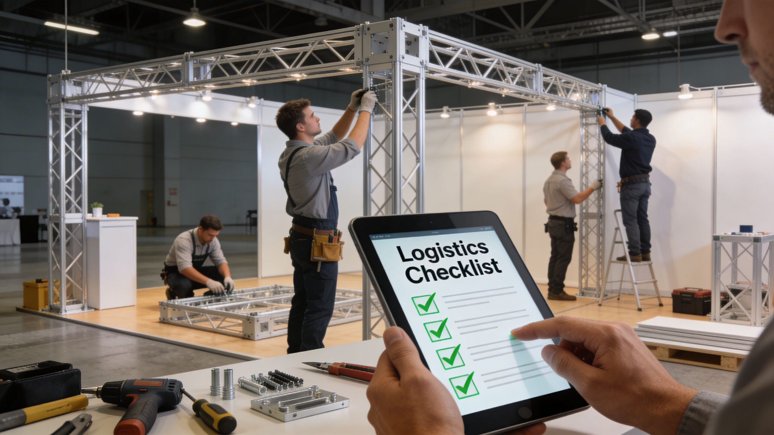 A person holds a tablet displaying a logistics checklist while construction workers assemble an exhibition display booth.