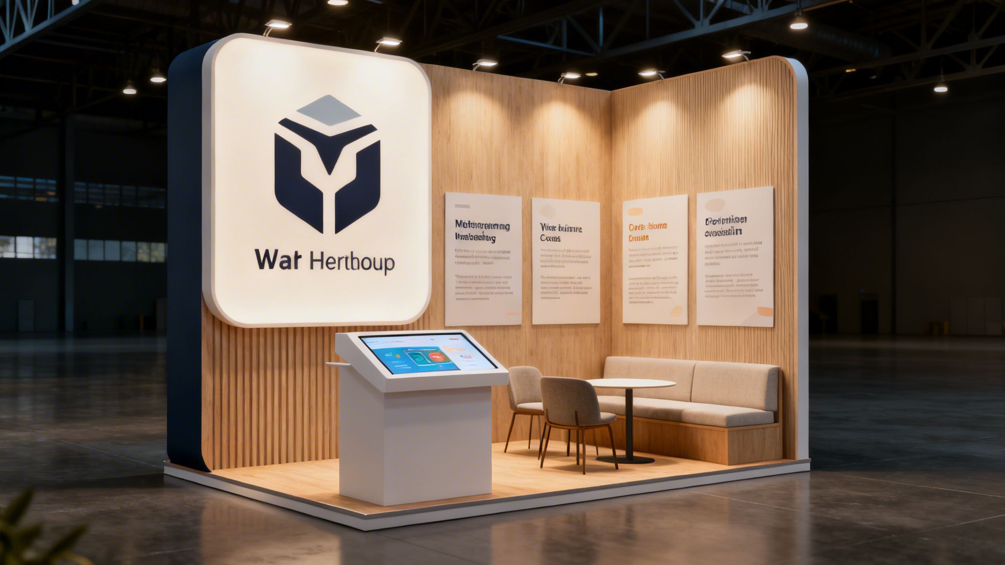 A modern expo stand with a logo, interactive screen, seating area, and informational posters.