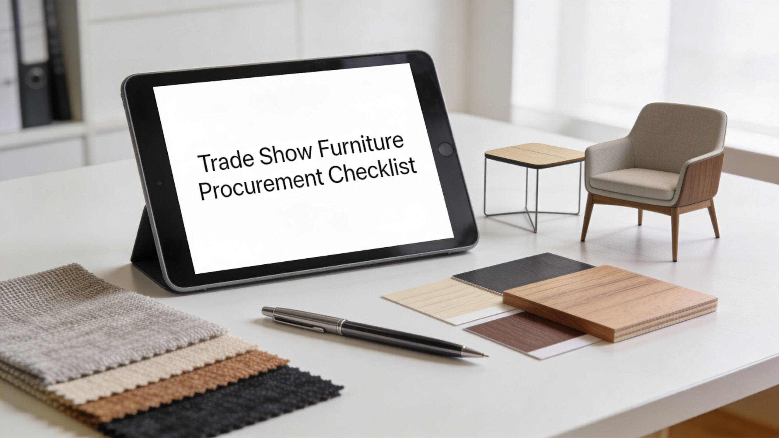 A tablet displaying a trade show furniture procurement checklist next to fabric samples, a pen, and furniture miniatures.