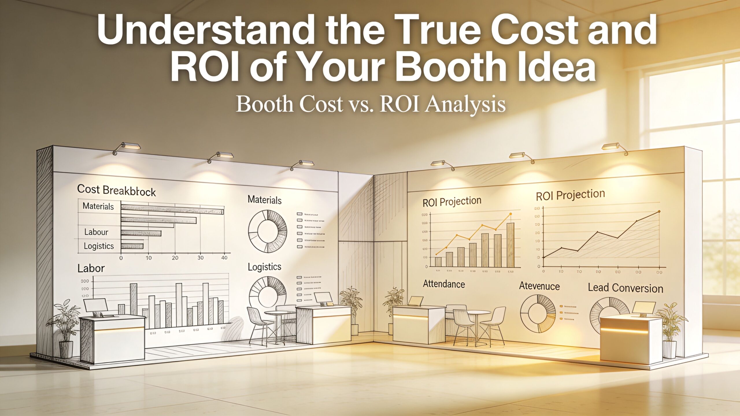 A conceptual trade show booth display featuring charts and graphs detailing cost and ROI projections.
