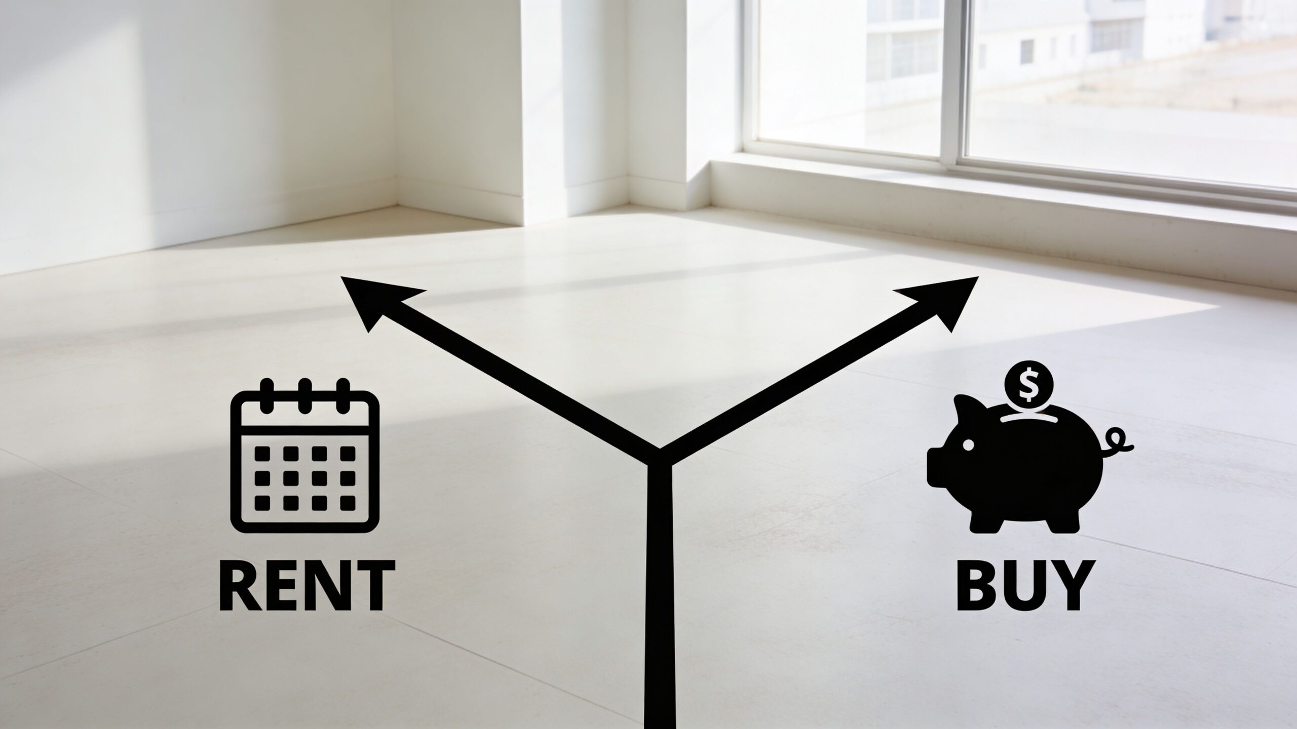 A split path illustration in an empty room, choosing between renting and buying a property.
